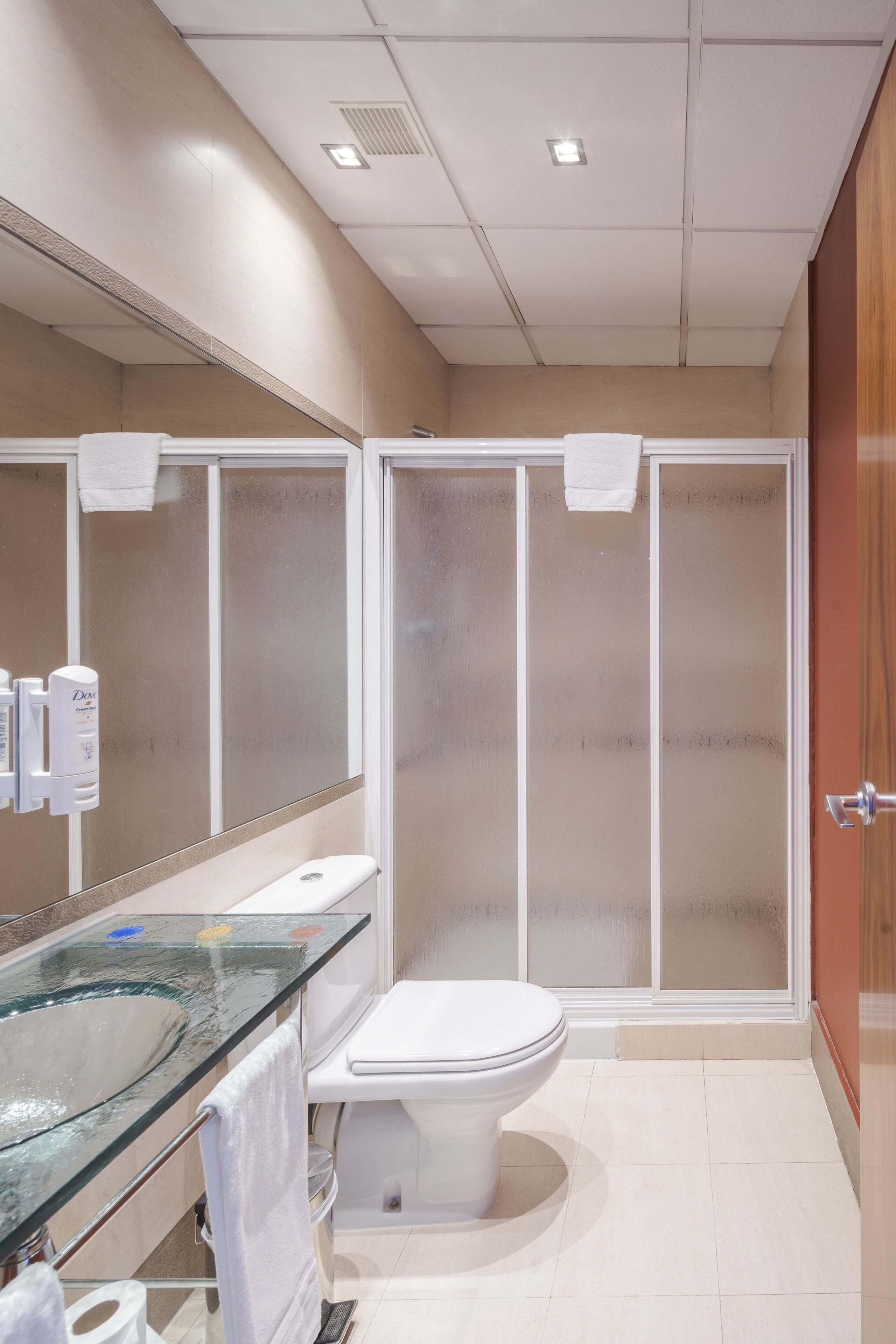 Een moderne badkamer met een douchecabine van glas, een wastafel van glas en een toilet.
