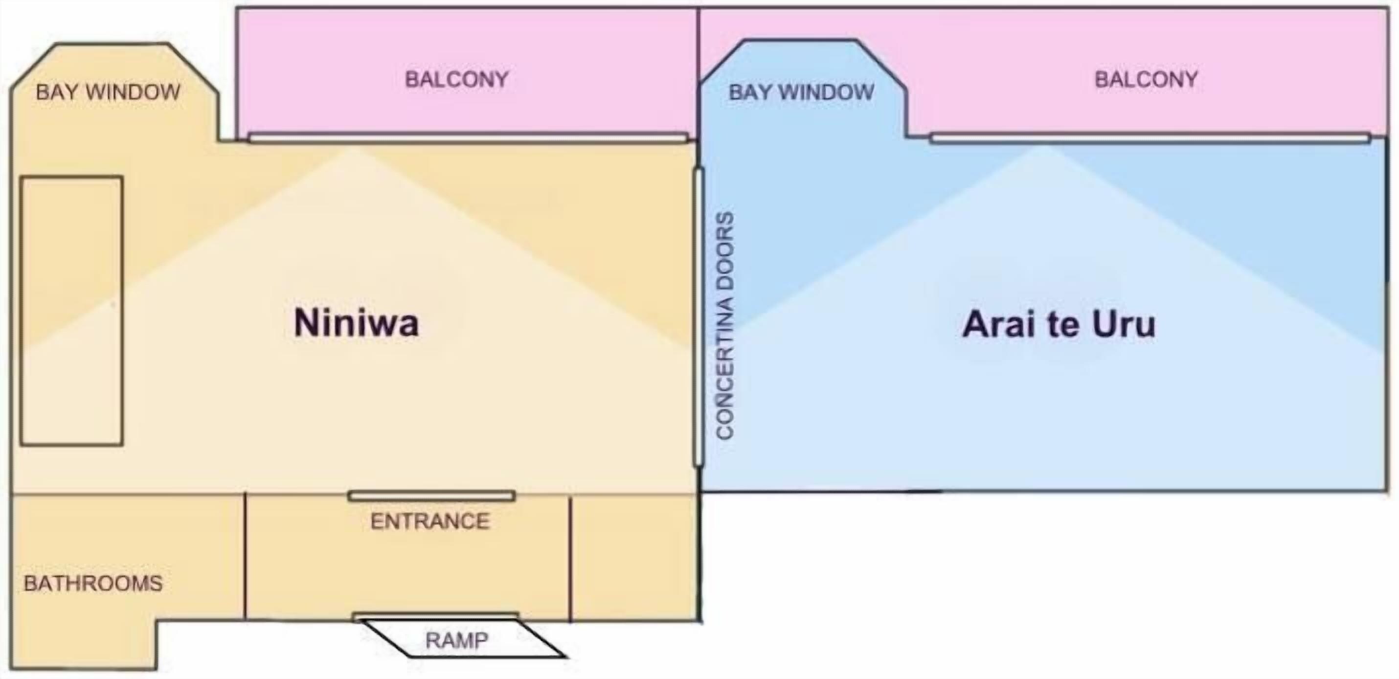 A hotel layout with two rooms, Niniwa and Arai te Uru, featuring balconies, a bay window, an entrance, bathrooms, and a ramp.