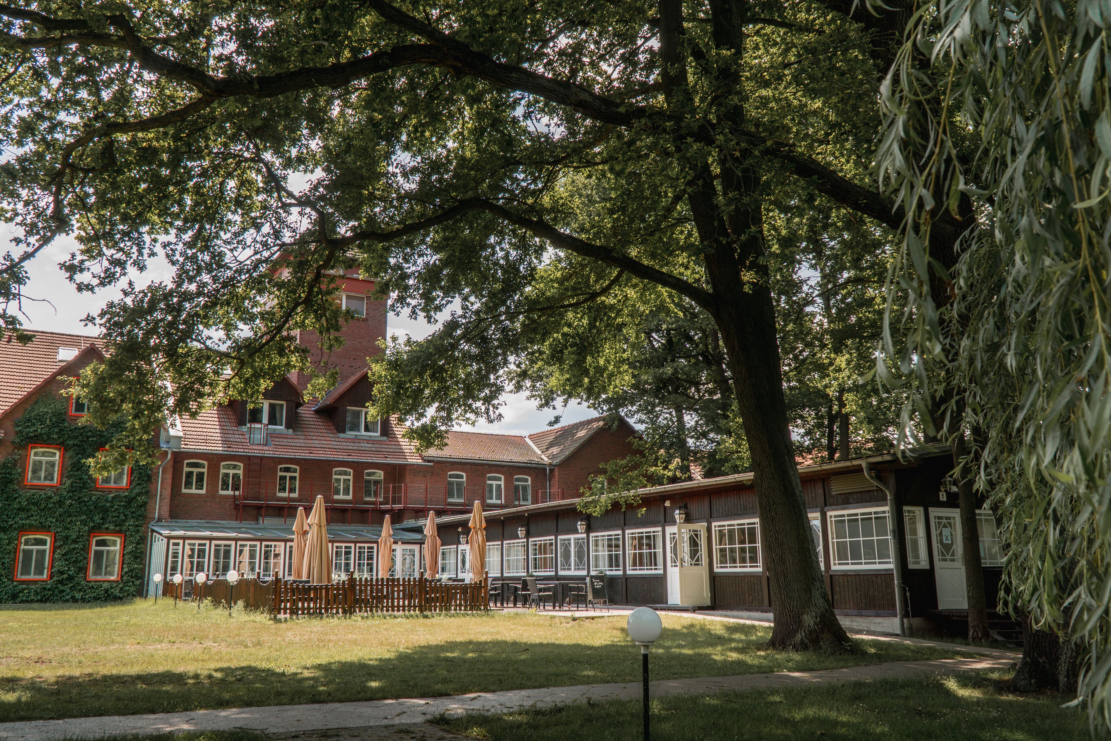 A red brick building with a large tree in the foreground.