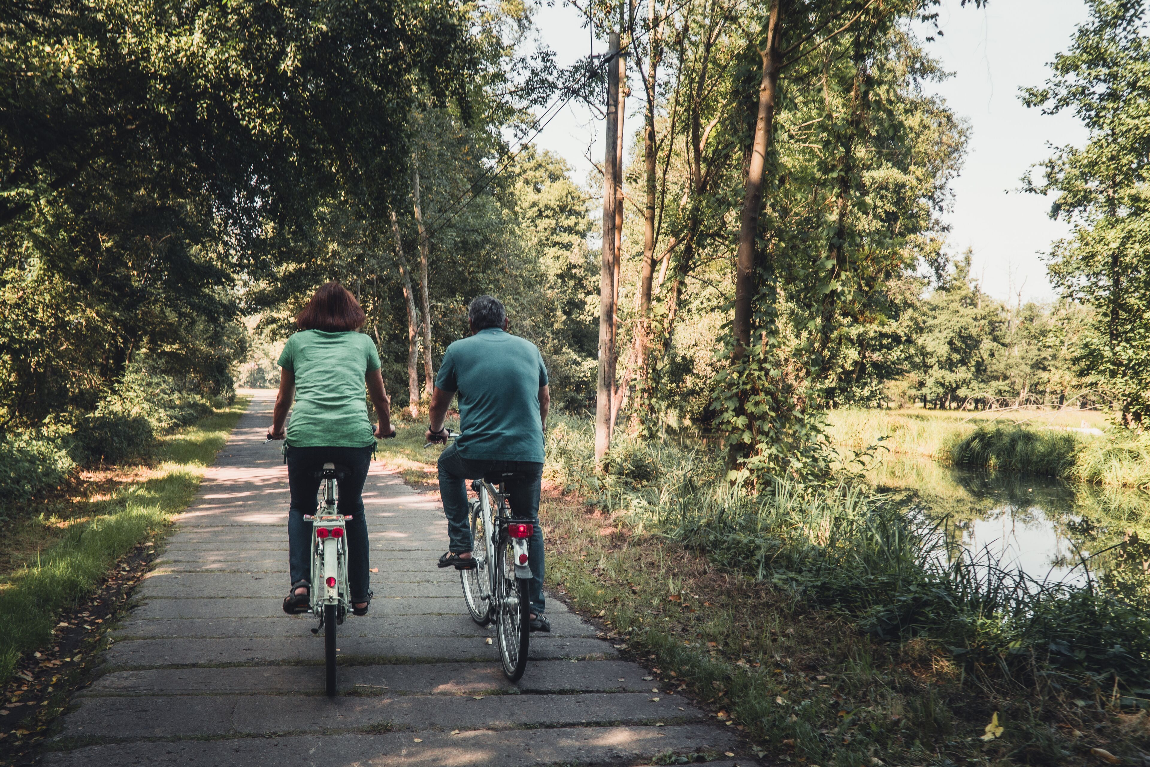 Zwei Personen fahren auf Fahrrädern auf einem asphaltierten Weg, der von Bäumen und einem Gewässer gesäumt ist.