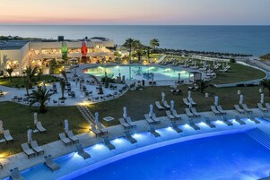 Indoor pool, outdoor pool, pool umbrellas