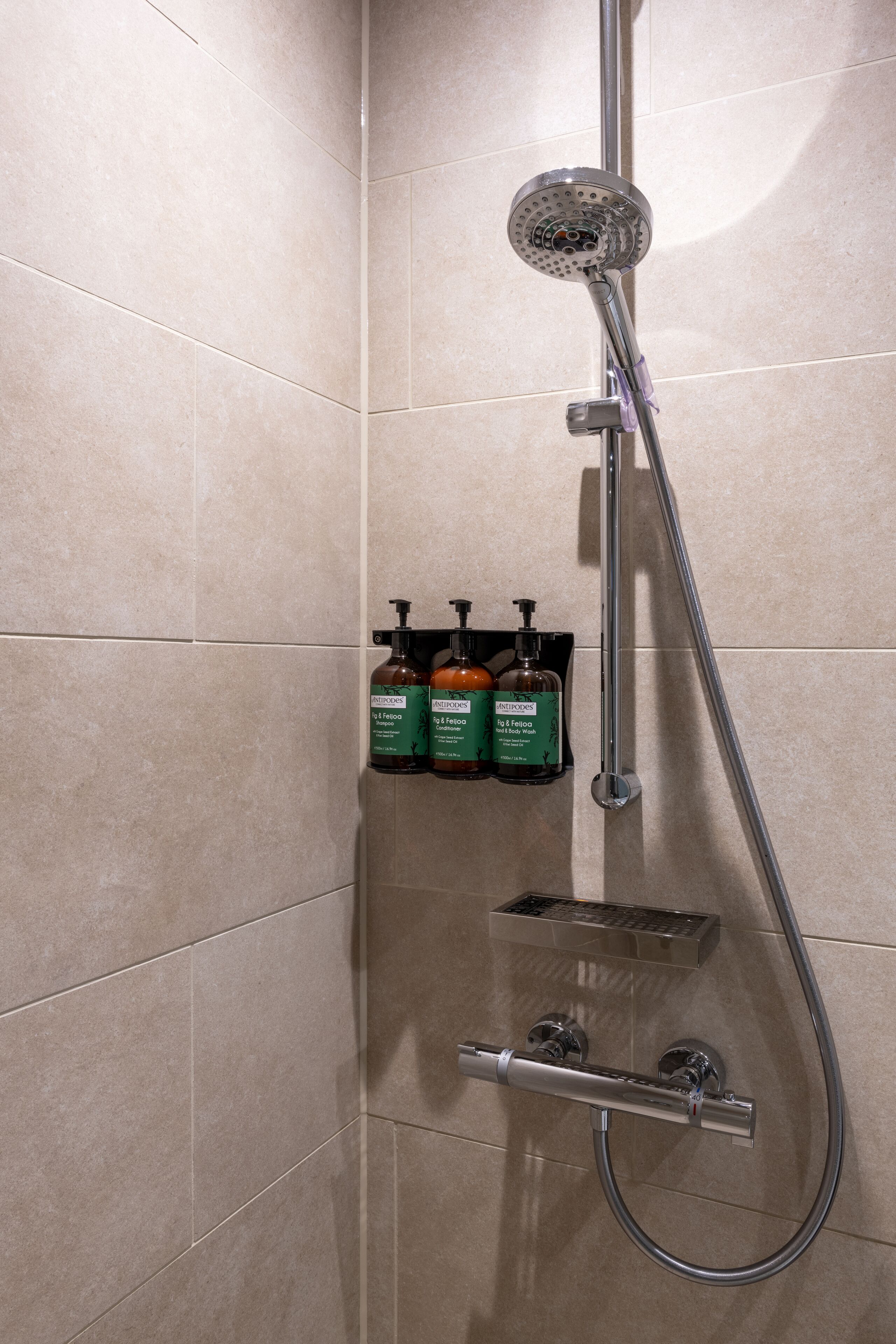 Doccia con soffione a mano, dispenser di sapone a muro e saponetta su un portacquee da parete.