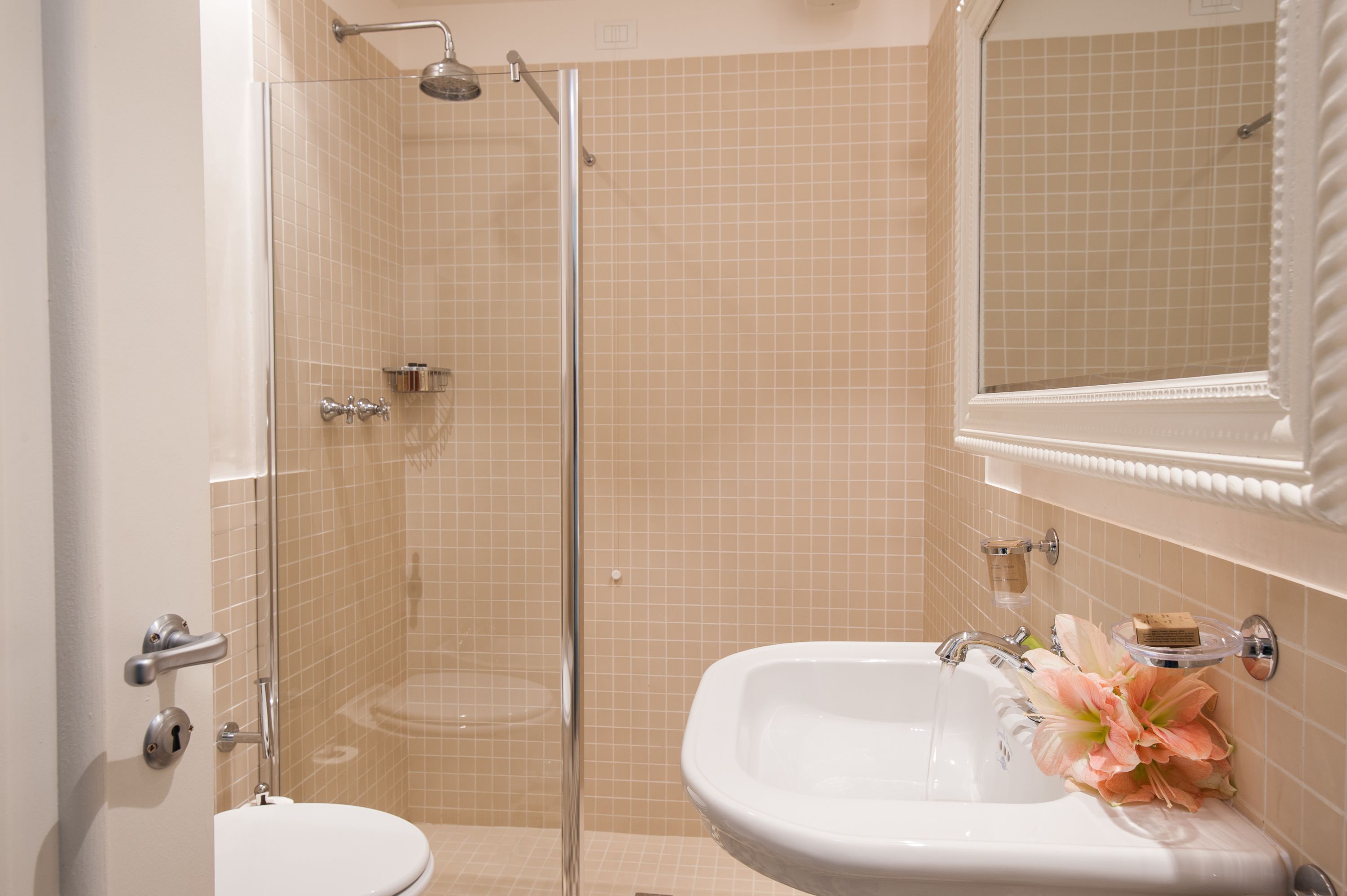A bathroom with a glass-enclosed shower, a white sink with a soap dish, and a mirror above the sink.