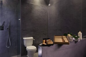 Suite, Terraza | Baño | Amenidades de baño gratuitas, secadora de cabello, pantuflas, toallas 