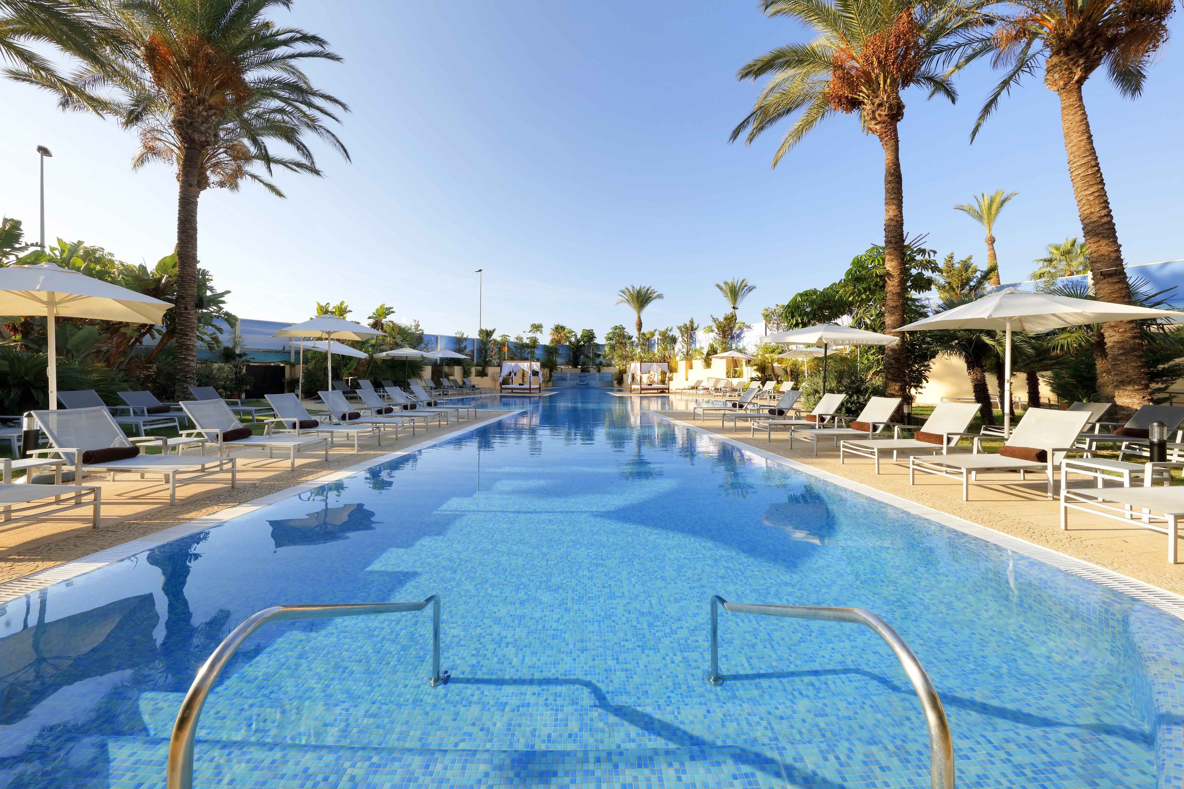 A swimming pool with lounge chairs and umbrellas, surrounded by palm trees.