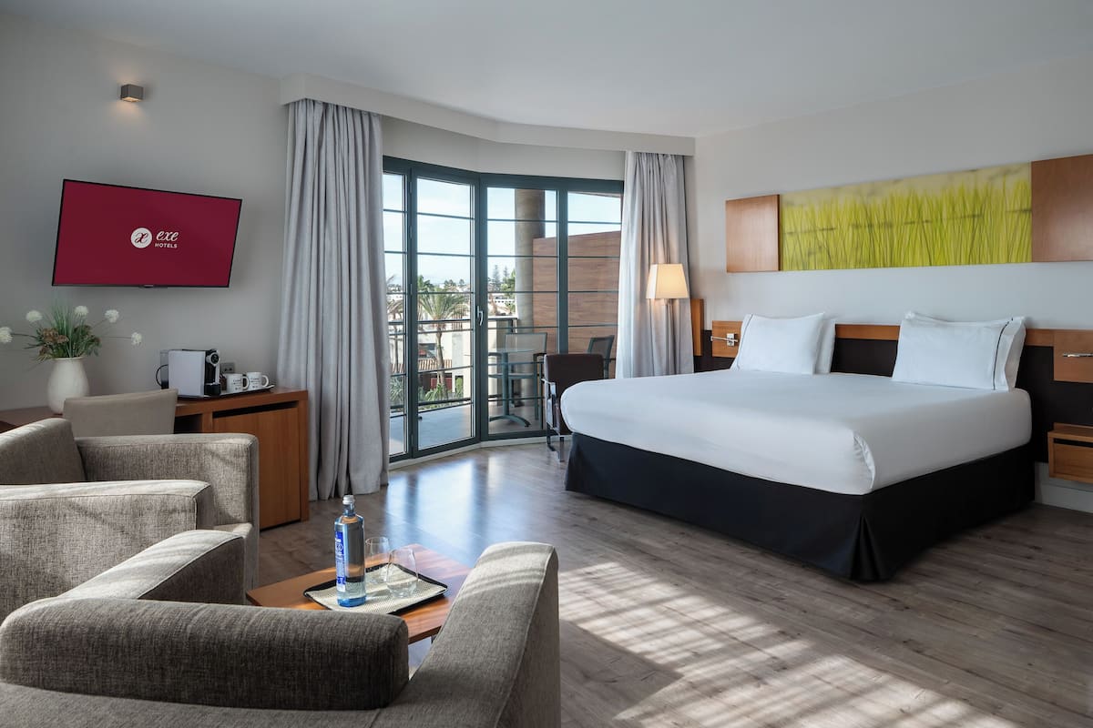 A hotel room with a large bed, a TV, a desk with a lamp, and a view of the outdoors.