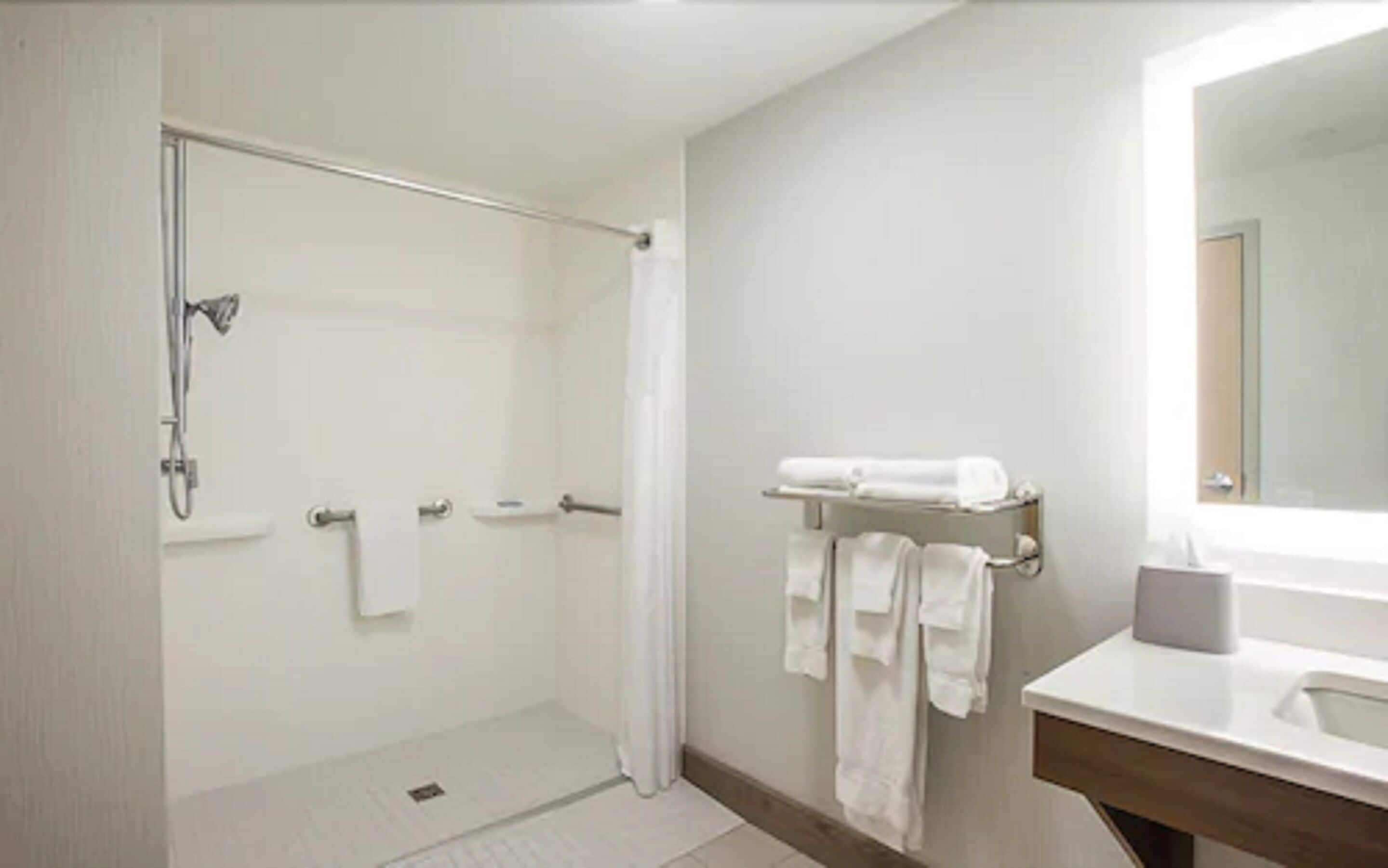 A bathroom with a shower, a sink, and a mirror.