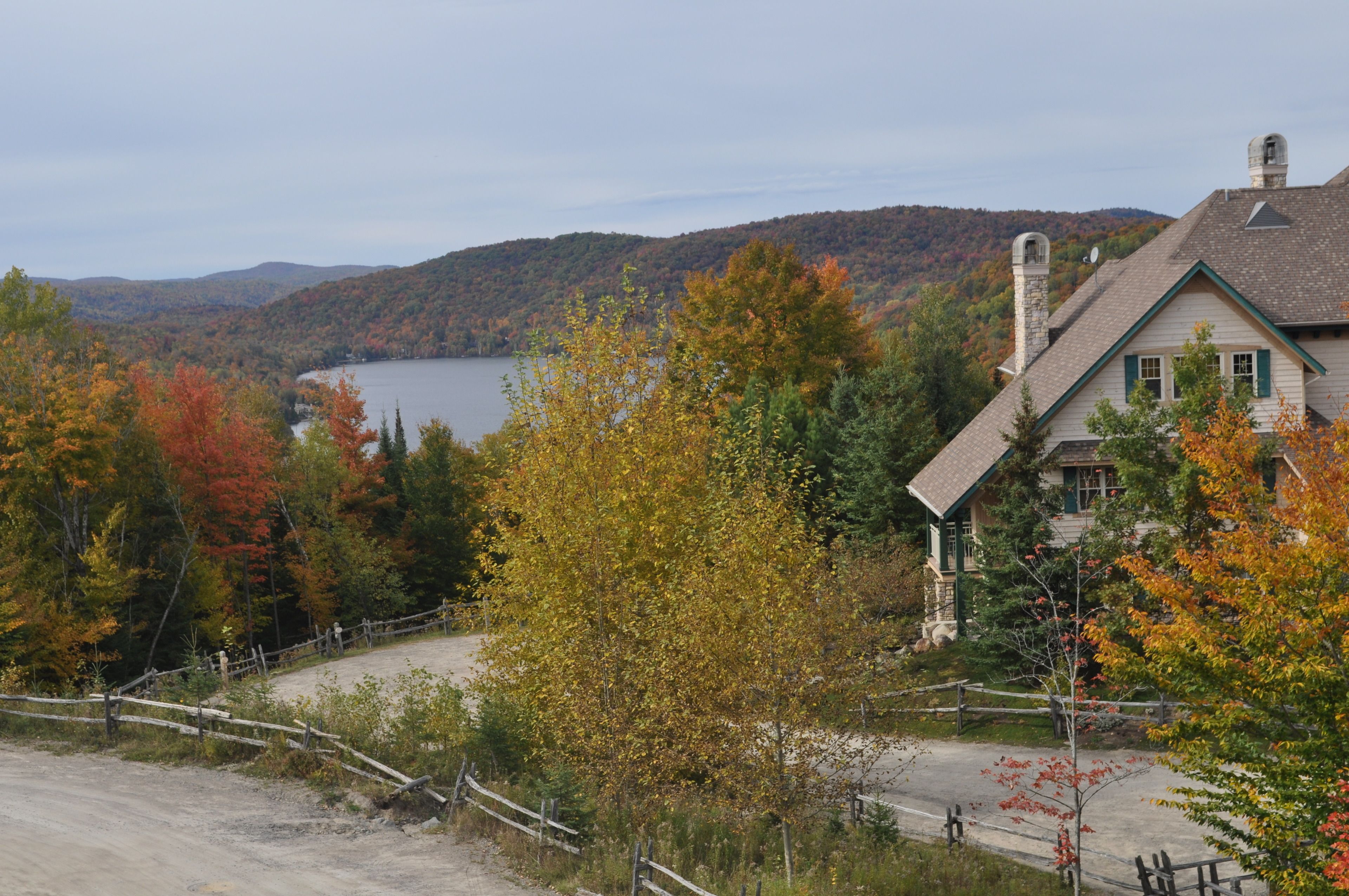 A house with a stone chimney, a dirt driveway, and a wooden fence.