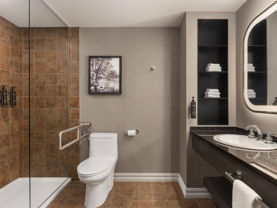 A modern bathroom with a glass shower enclosure, a toilet, a sink with a vanity, and a large mirror.