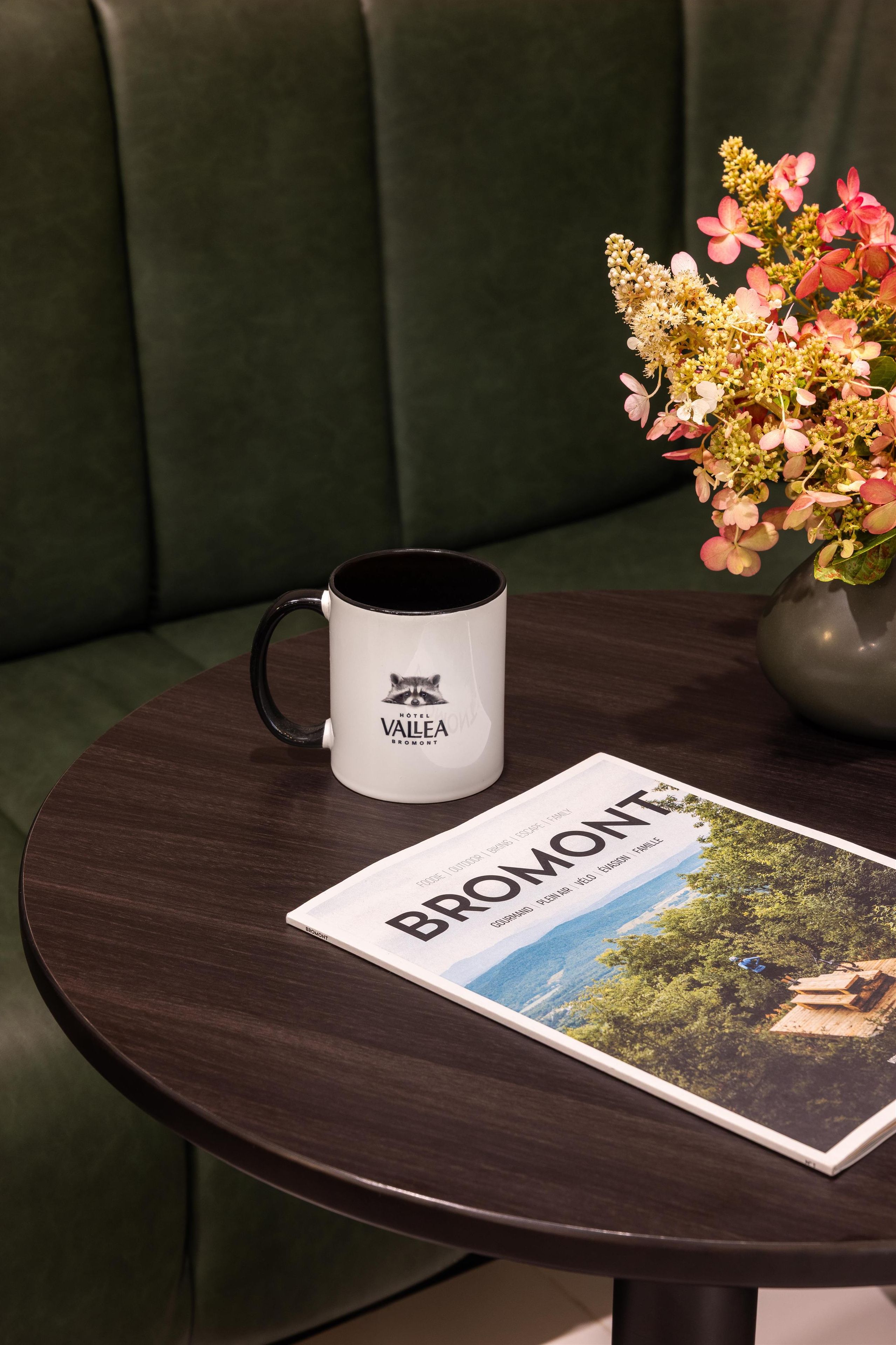 A round wooden table with a white mug labeled "Valea Browmont" and a brochure titled "Browmont." A vase with pink and white flowers is on the table.