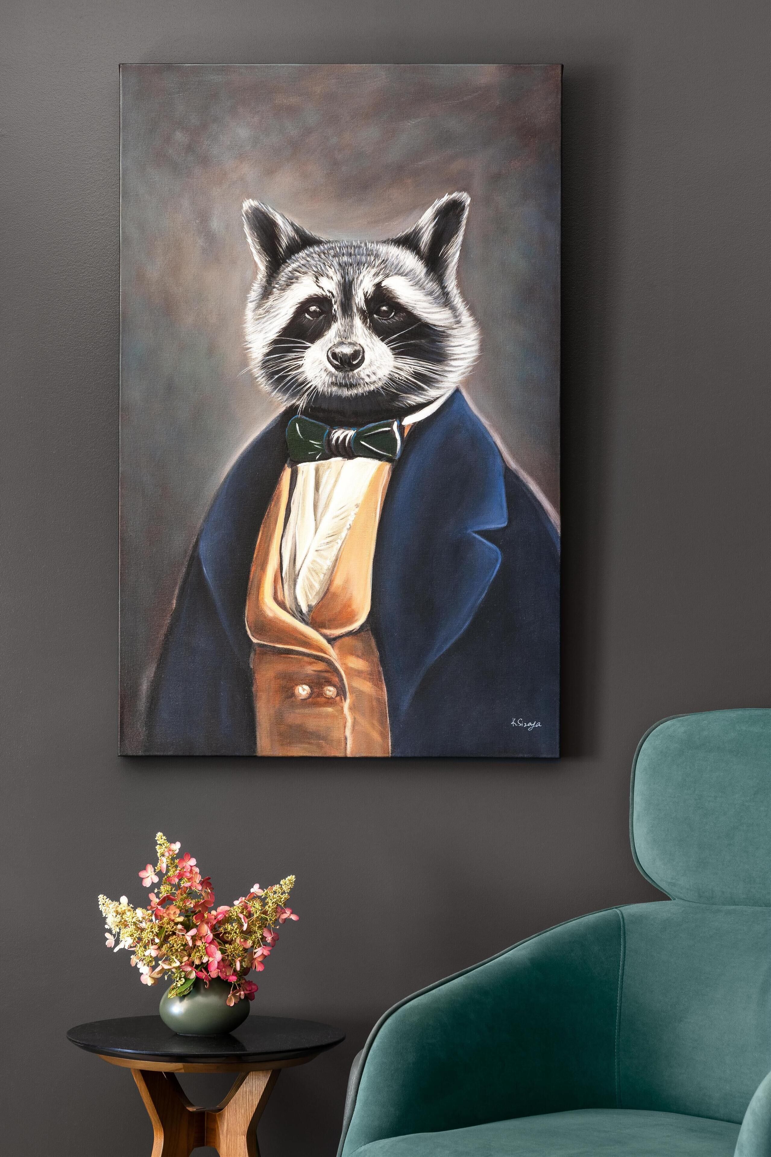 A painting of a raccoon in a suit on a wall.