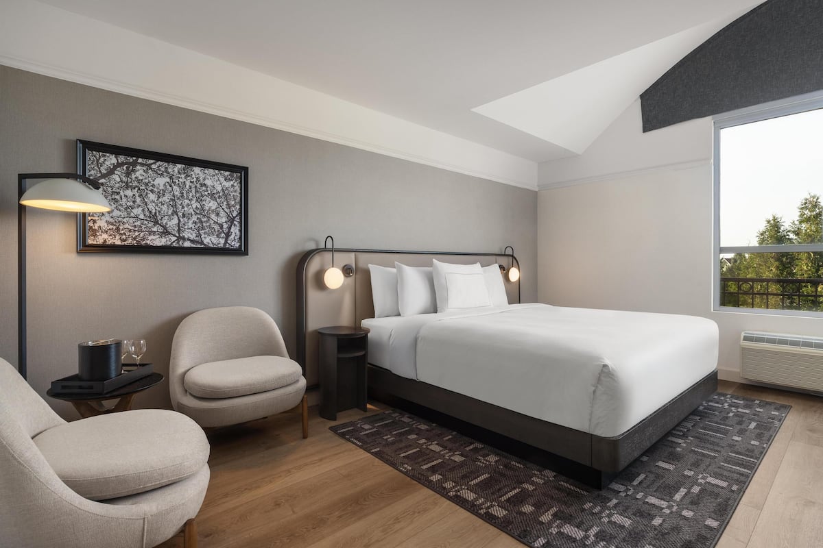 A modern bedroom with a large bed, a chair, a bedside table, a lamp, and a framed picture on the wall.