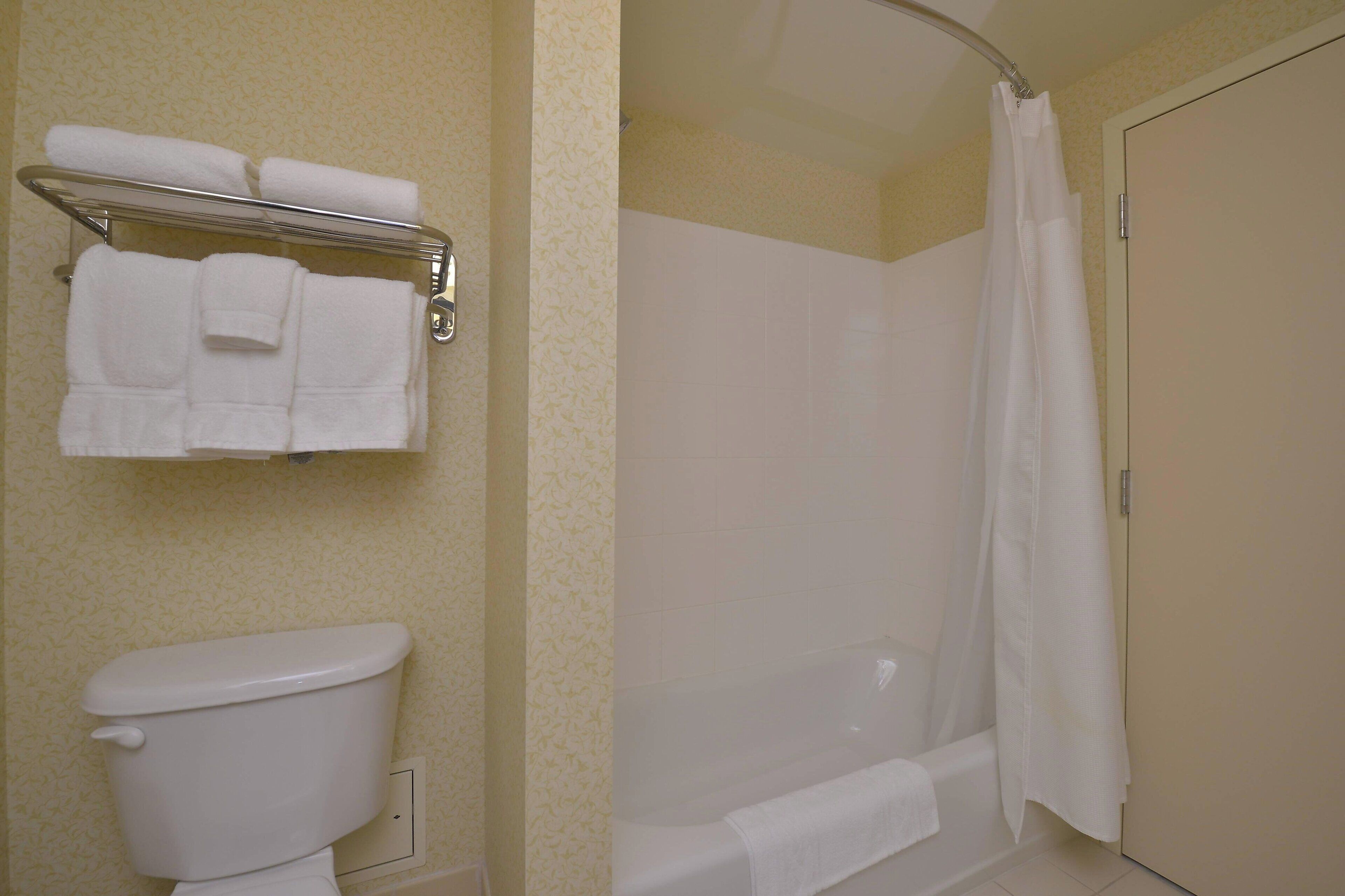 combined shower/bathtub, free toiletries, hair dryer, towels