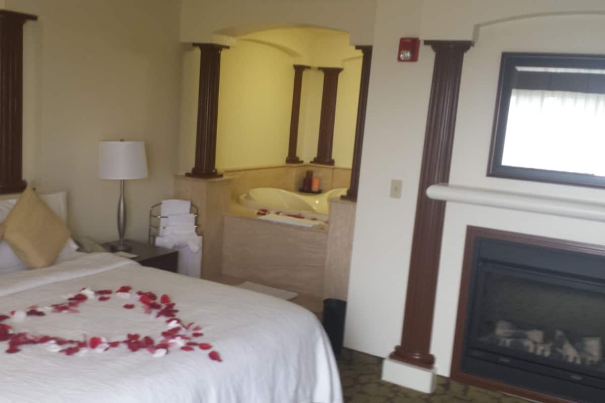 Une chambre d’hôtel avec un lit, une salle de bain et une cheminée.