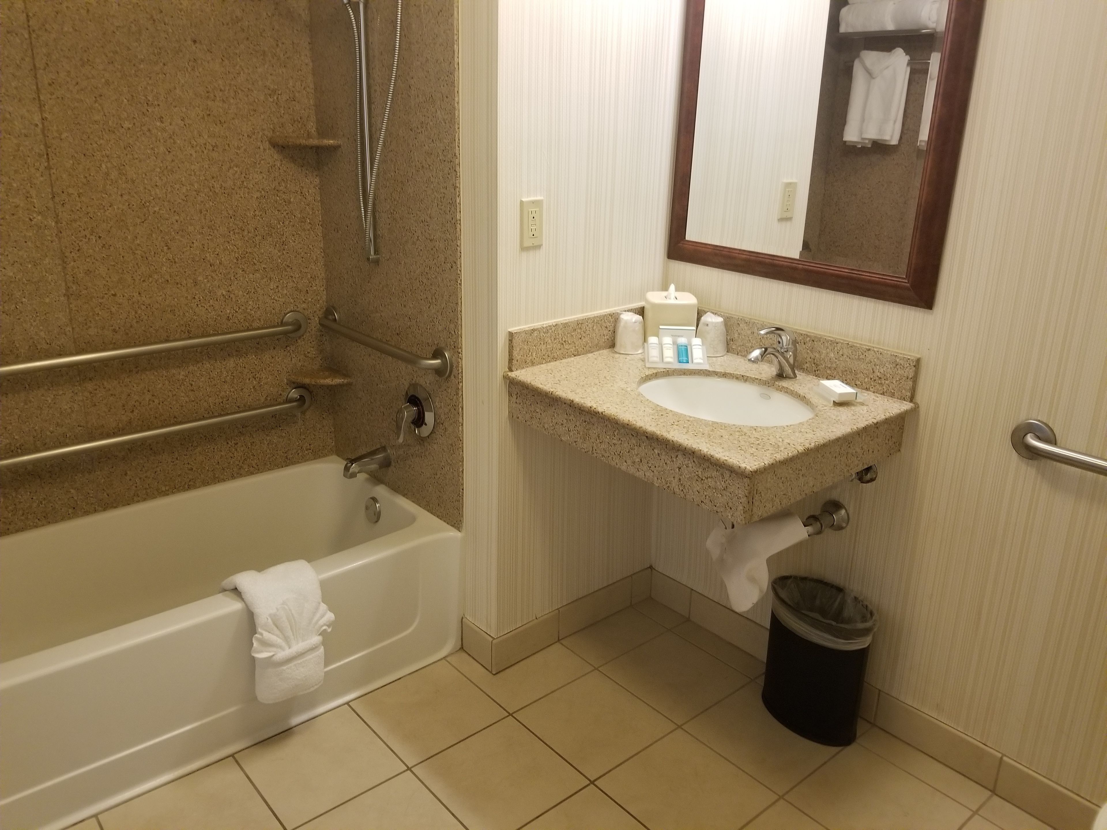 combined shower/bathtub, free toiletries, hair dryer, towels