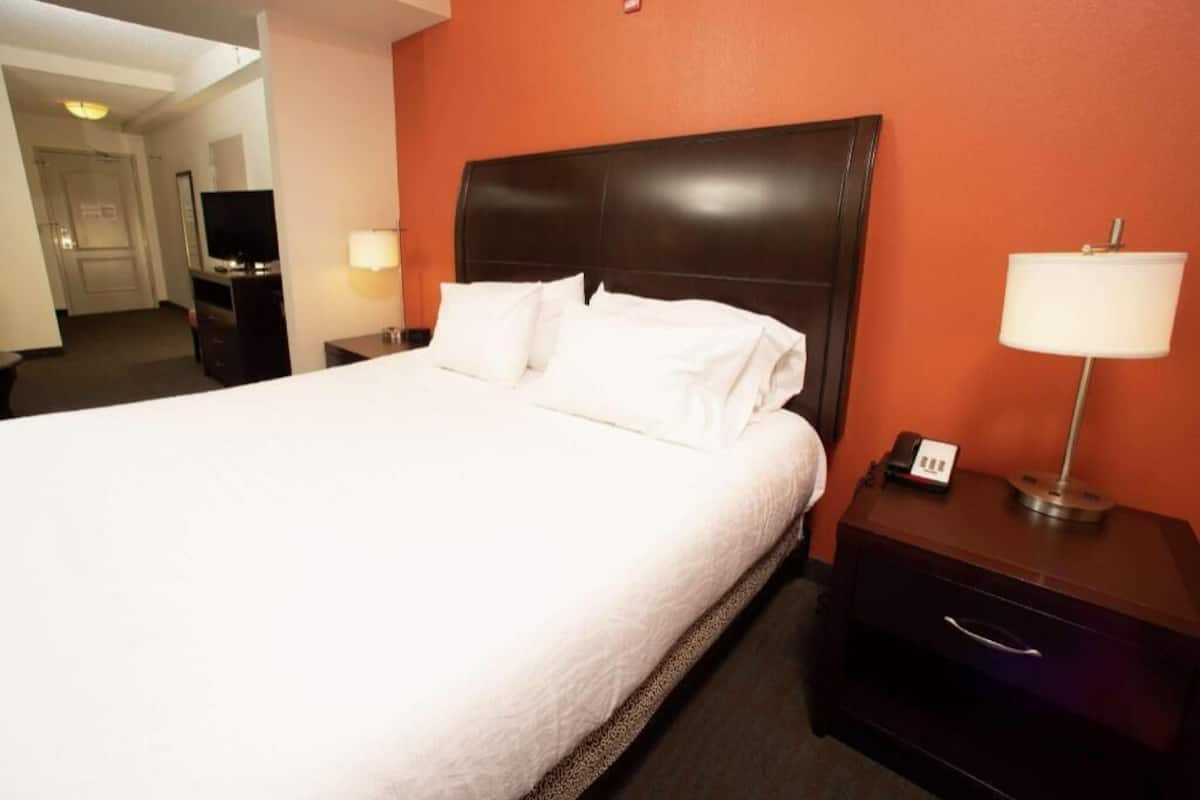 A hotel room with a large bed, a television, a lamp, and a bedside table.