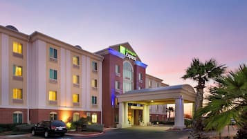 A Holiday Inn Express hotel with a covered entrance, parking lot, and a palm tree in the foreground.