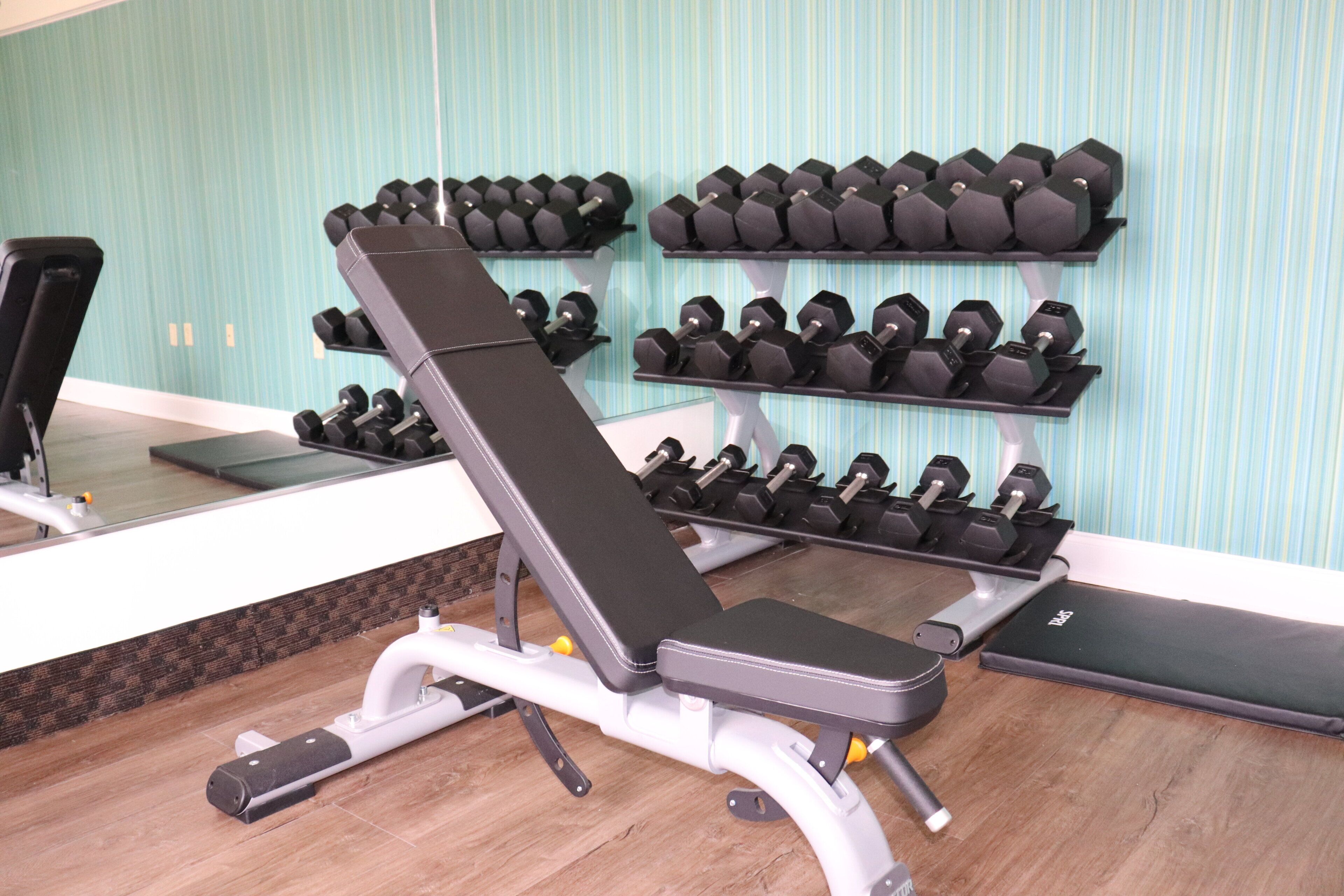 Un gimnasio con banco, mancuernas y espejo.
