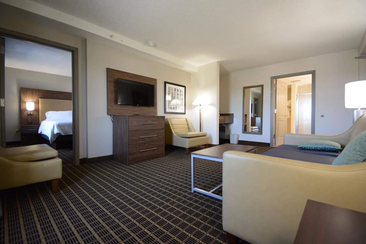 A hotel room with a bed, a desk, a chair, a sofa, a TV, and a mirror.