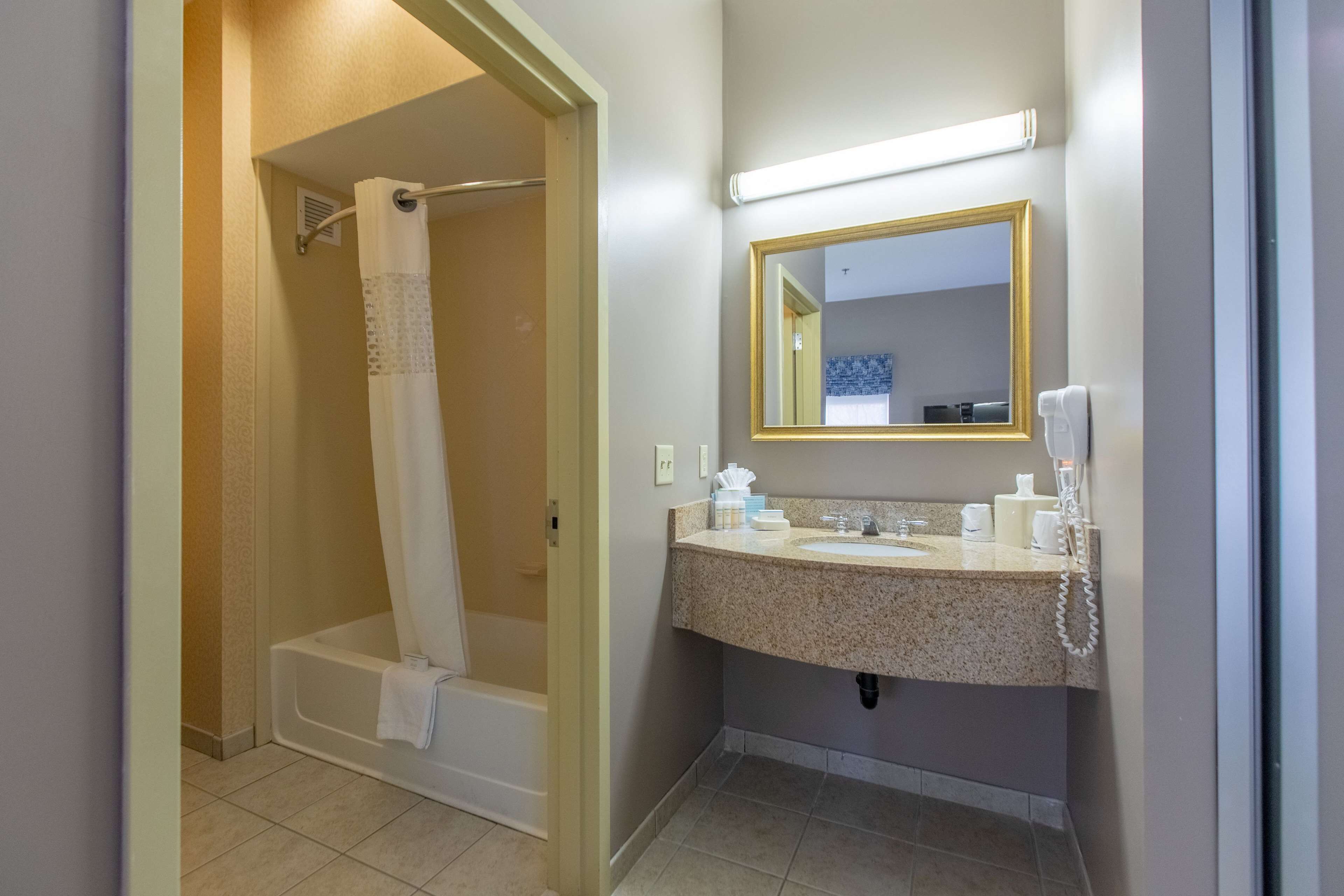 combined shower/bathtub, free toiletries, hair dryer, towels