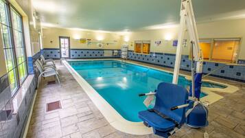 Indoor pool, open 7 AM to 9 PM, sun loungers