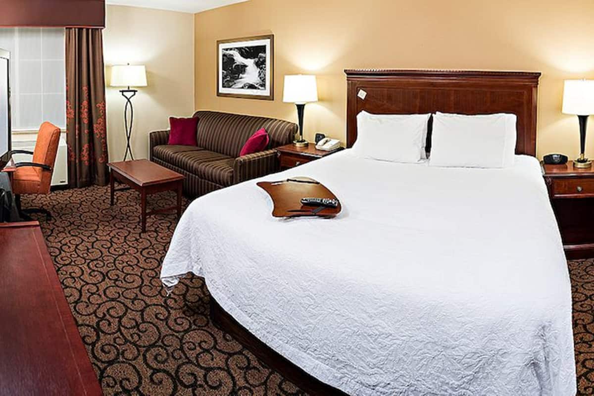 A hotel room with a large bed, a sofa, a desk, and a chair.