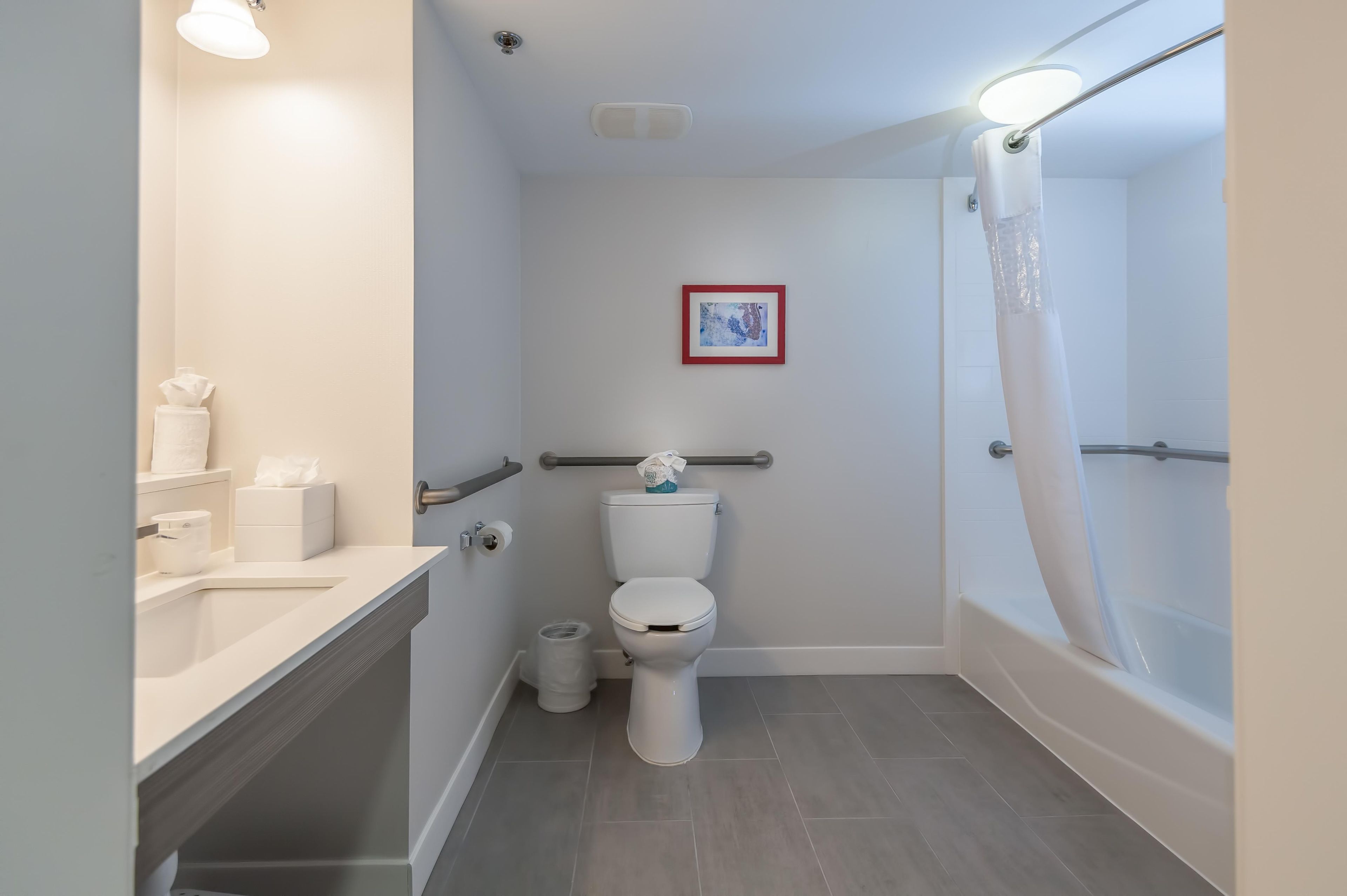 A bathroom with a toilet, a sink, a shower with a curtain, and a framed picture on the wall.