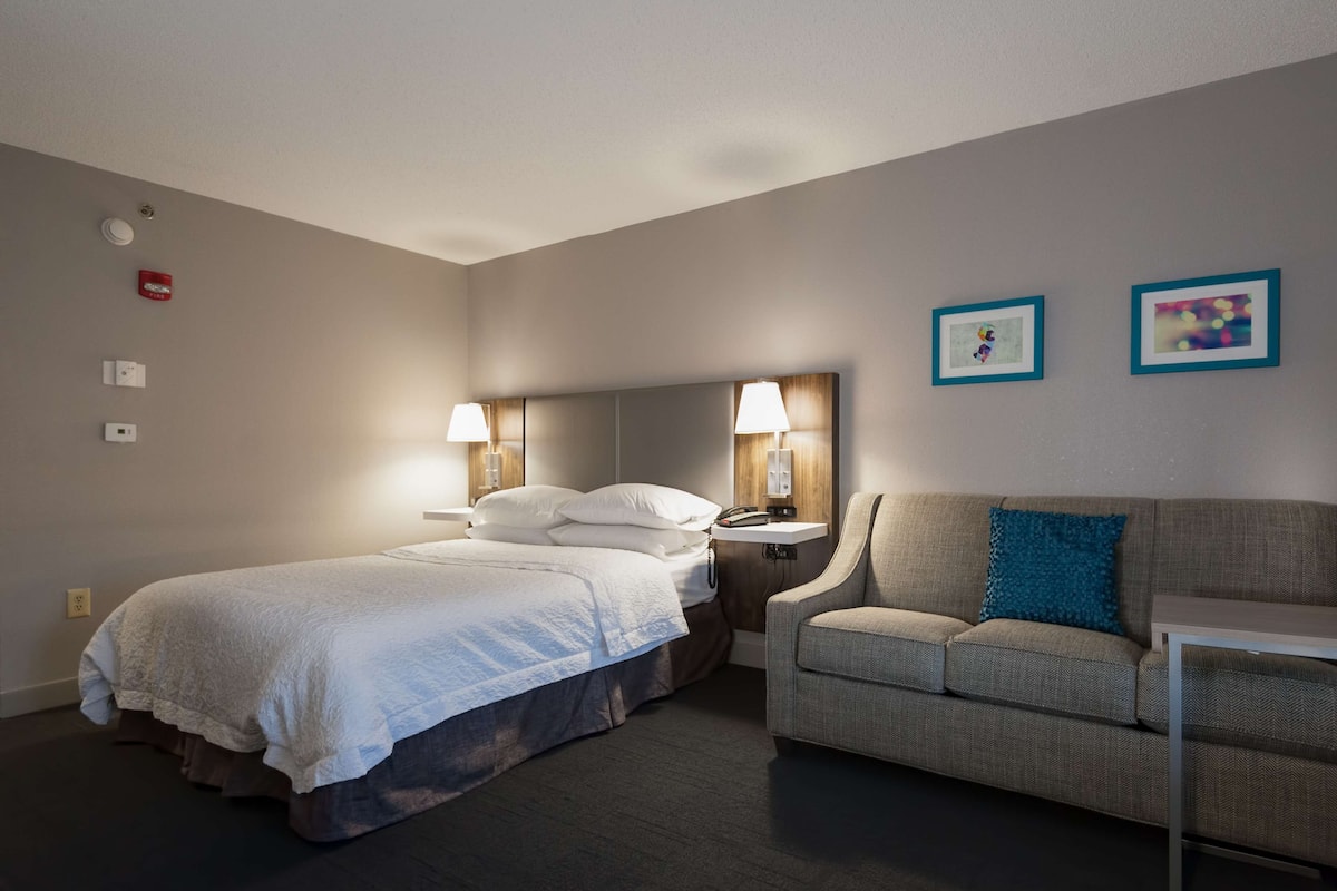 A hotel room with a bed, a sofa, a nightstand with a lamp, and two framed pictures on the wall.