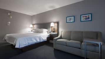 A hotel room with a bed, a sofa, a nightstand with a lamp, and two framed pictures on the wall.