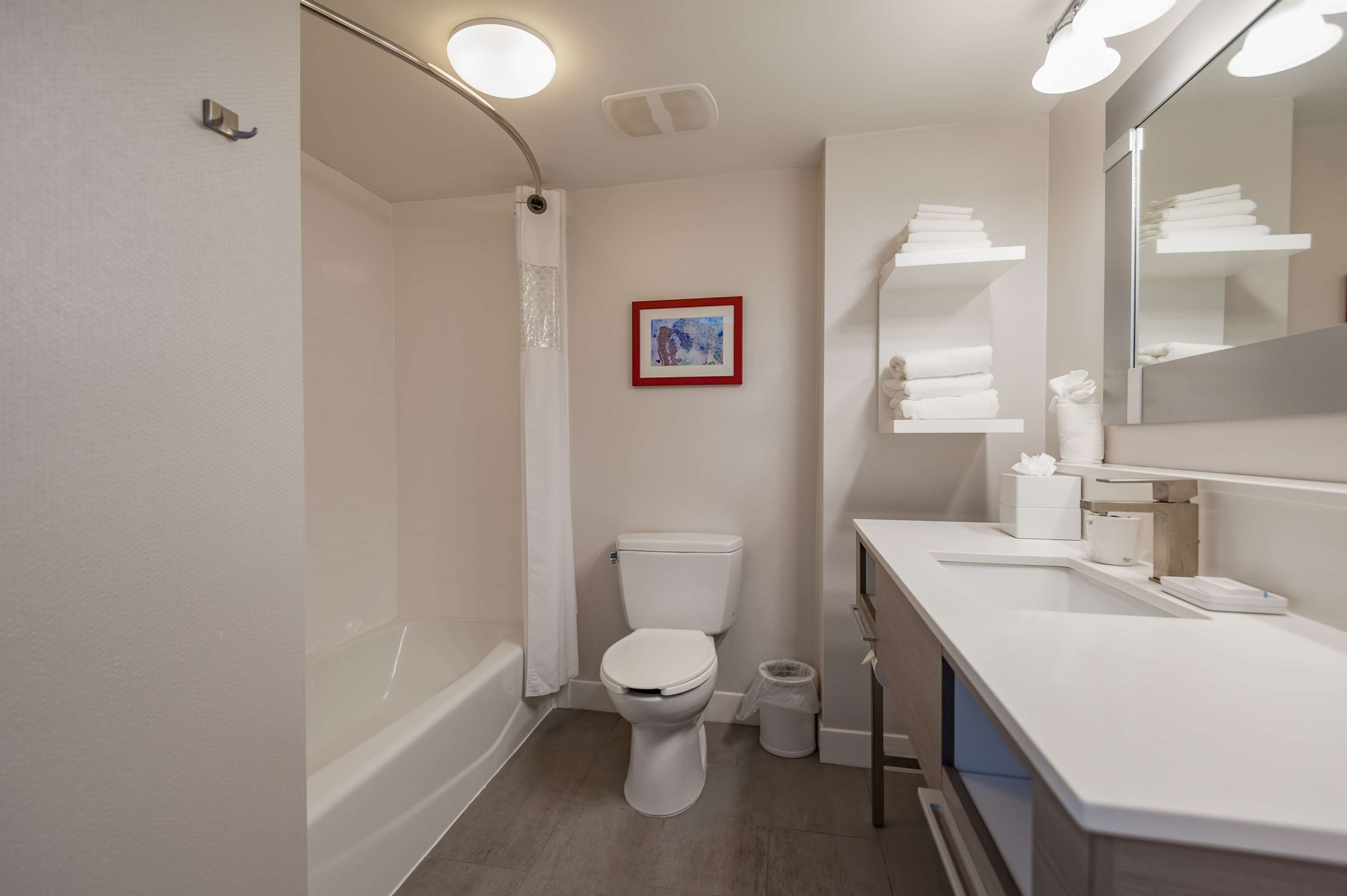 combined shower/bathtub, free toiletries, hair dryer, towels