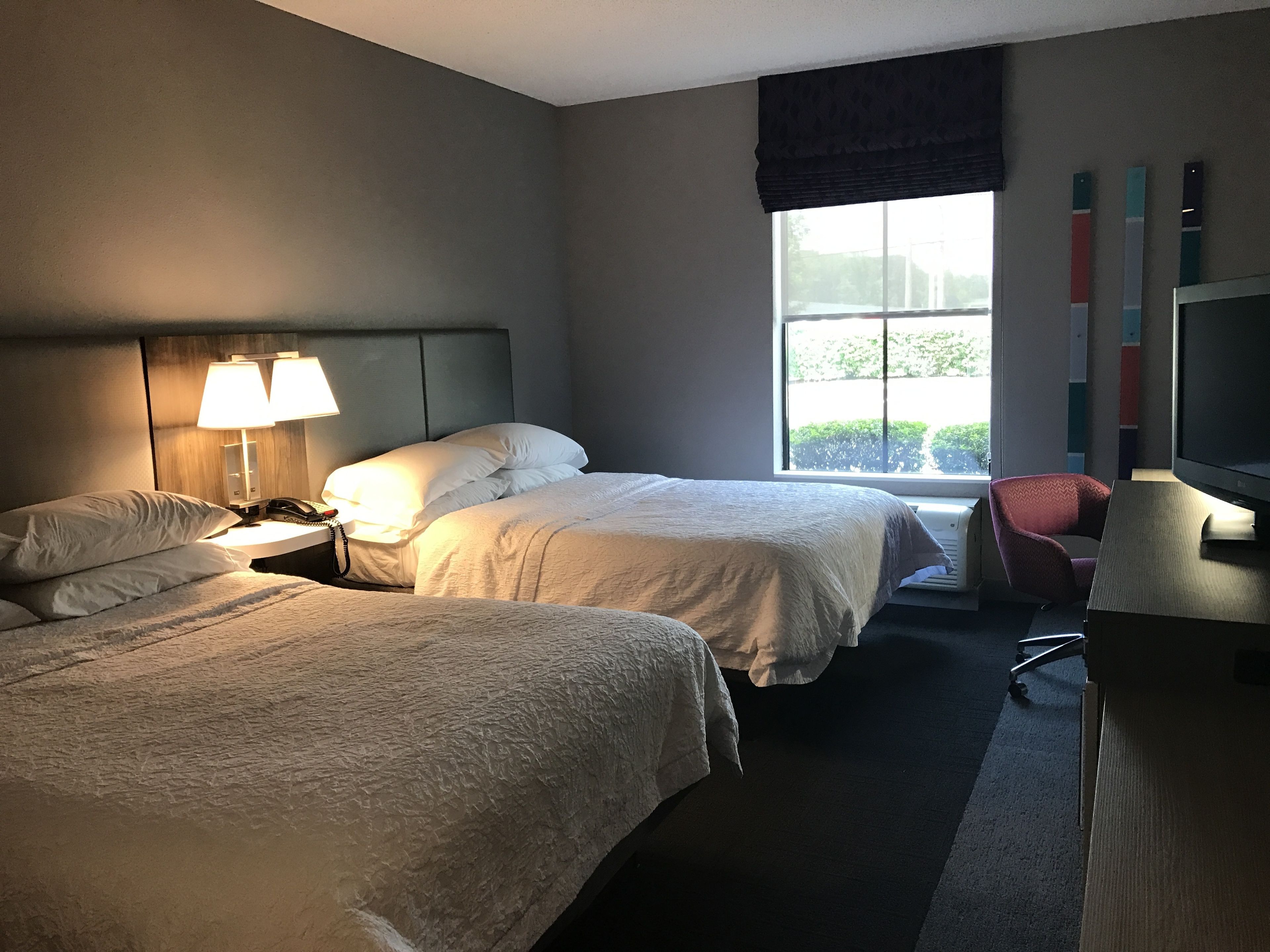 Habitación de hotel con dos camas, un escritorio, una silla, un televisor y una ventana con vistas a zonas verdes.