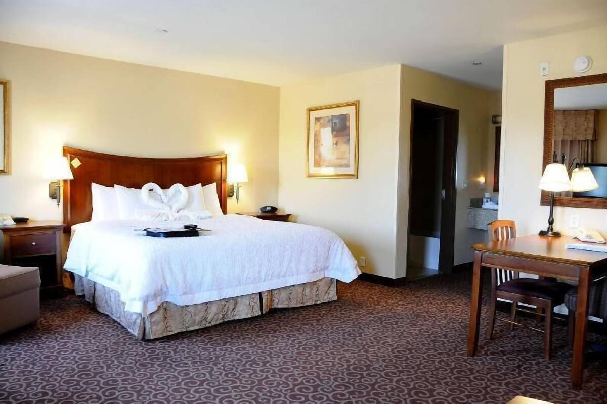 Habitación de hotel con cama, lámparas de noche, escritorio con silla, espejo y un cuadro en la pared.