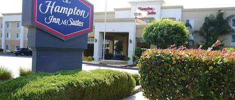 A Hampton Inn & Suites sign and building facade with a flag, surrounded by well-maintained landscaping.