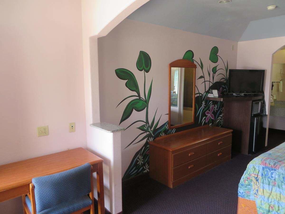 A hotel room with a wooden desk, a chair, a dresser, a television, and a large plant.