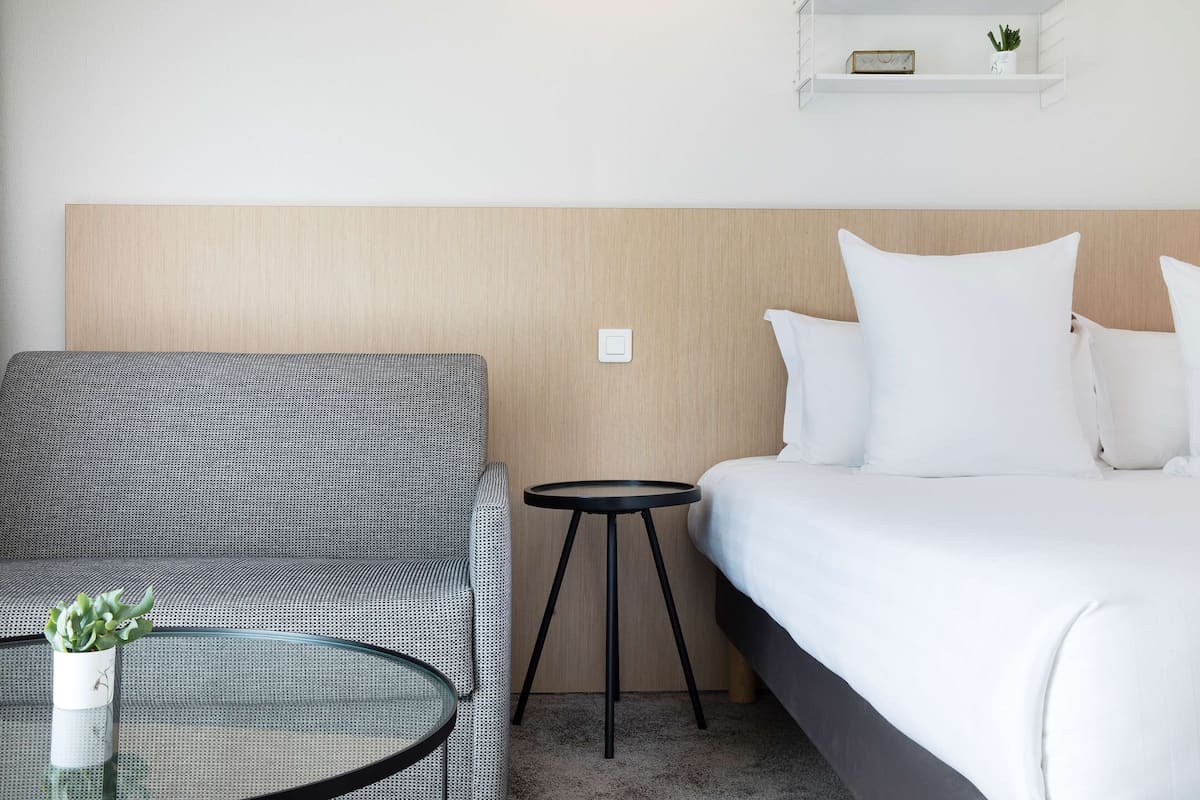 A hotel room with a bed, a sofa, a small table with a plant, and a bedside table.
