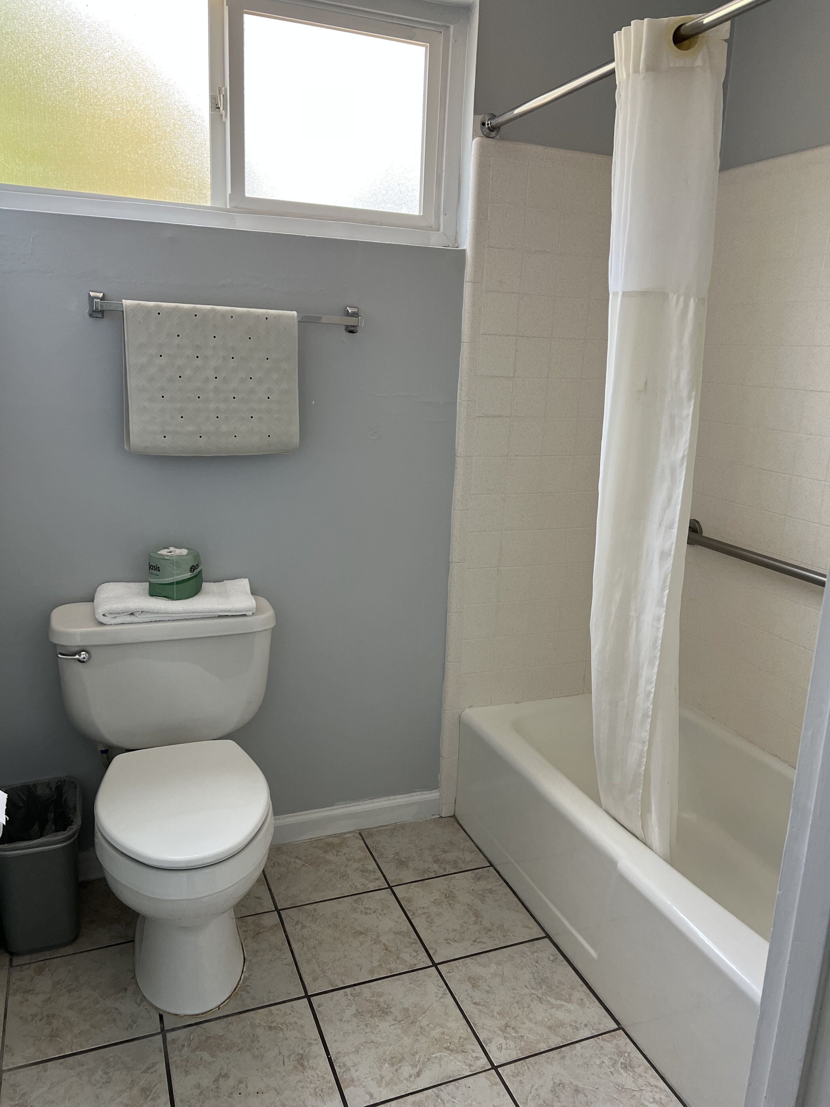 Un baño con inodoro, ducha con cortina y ventana.