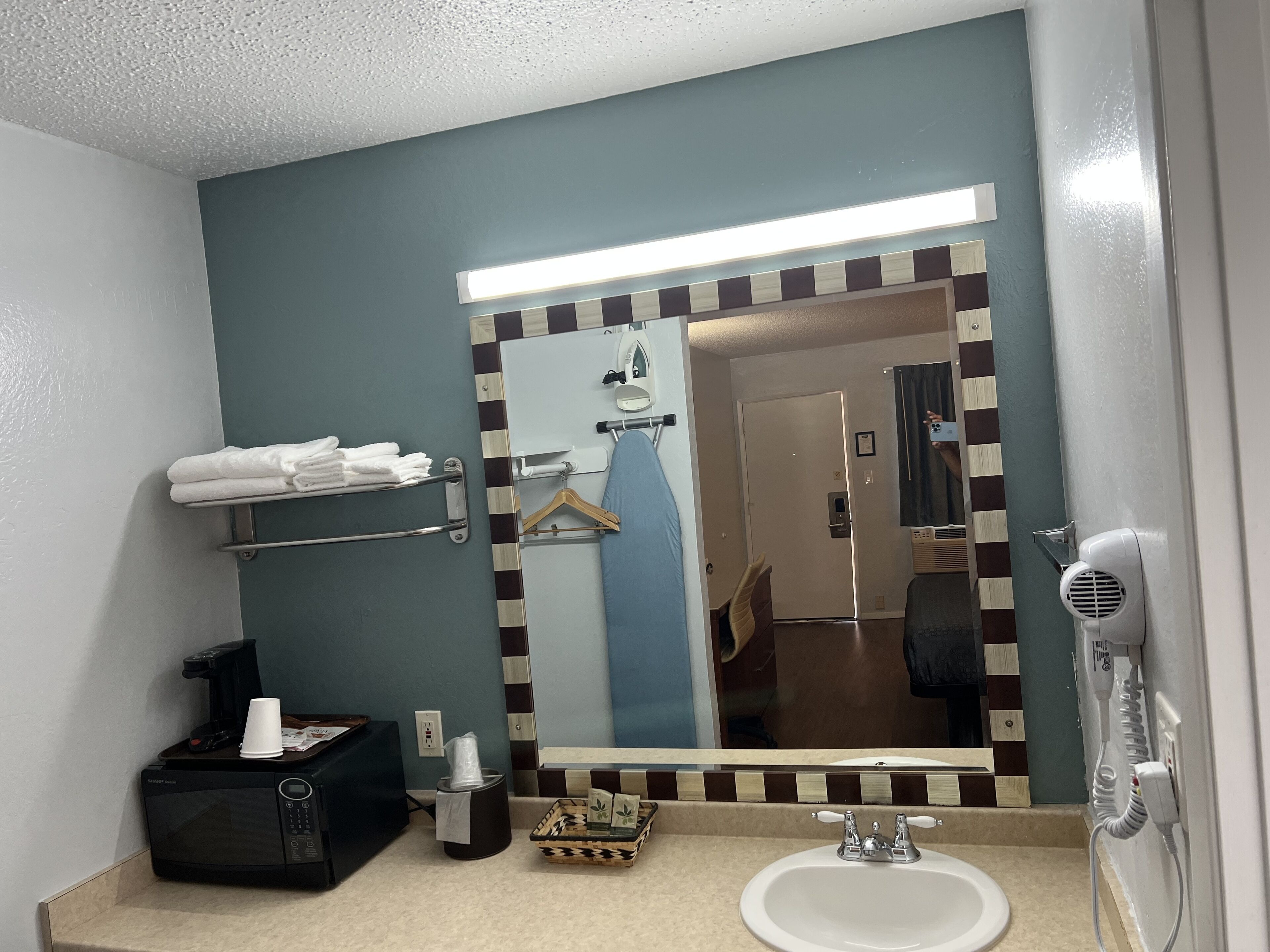 A bathroom with a sink, mirror, towel rack, and a hairdryer.