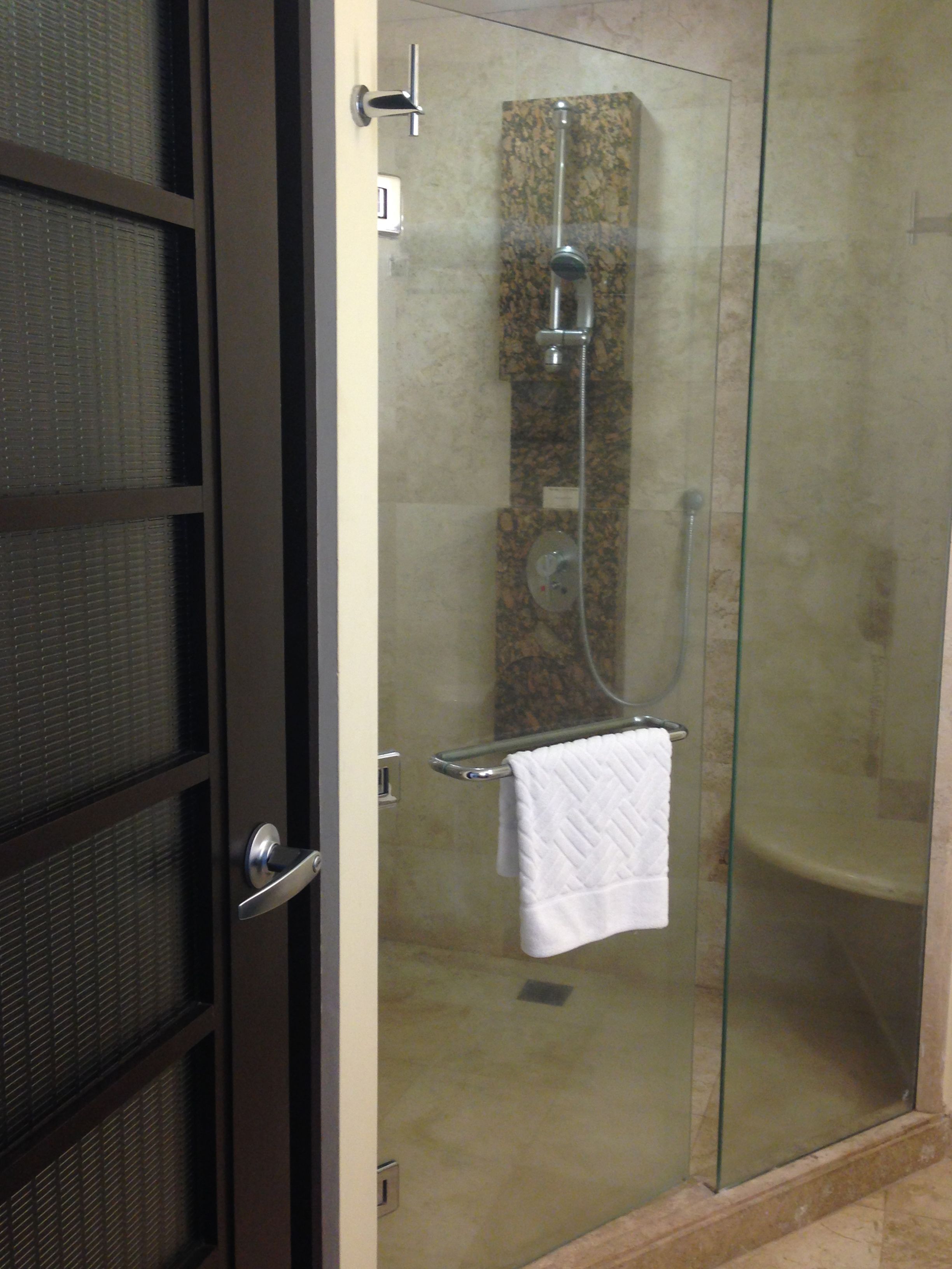 A glass-enclosed shower with a towel rack and a control panel.