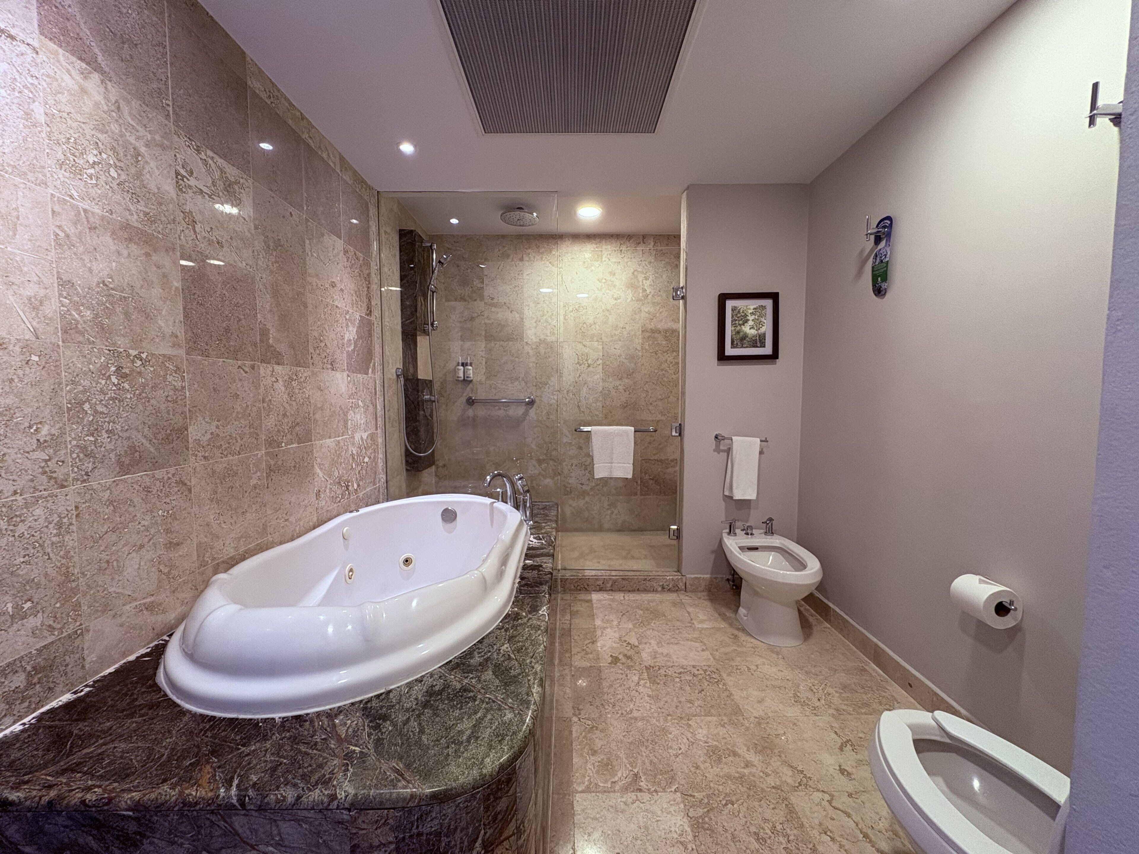 Une salle de bain comprenant une baignoire sur pieds, des toilettes, un bidet et un espace douche.