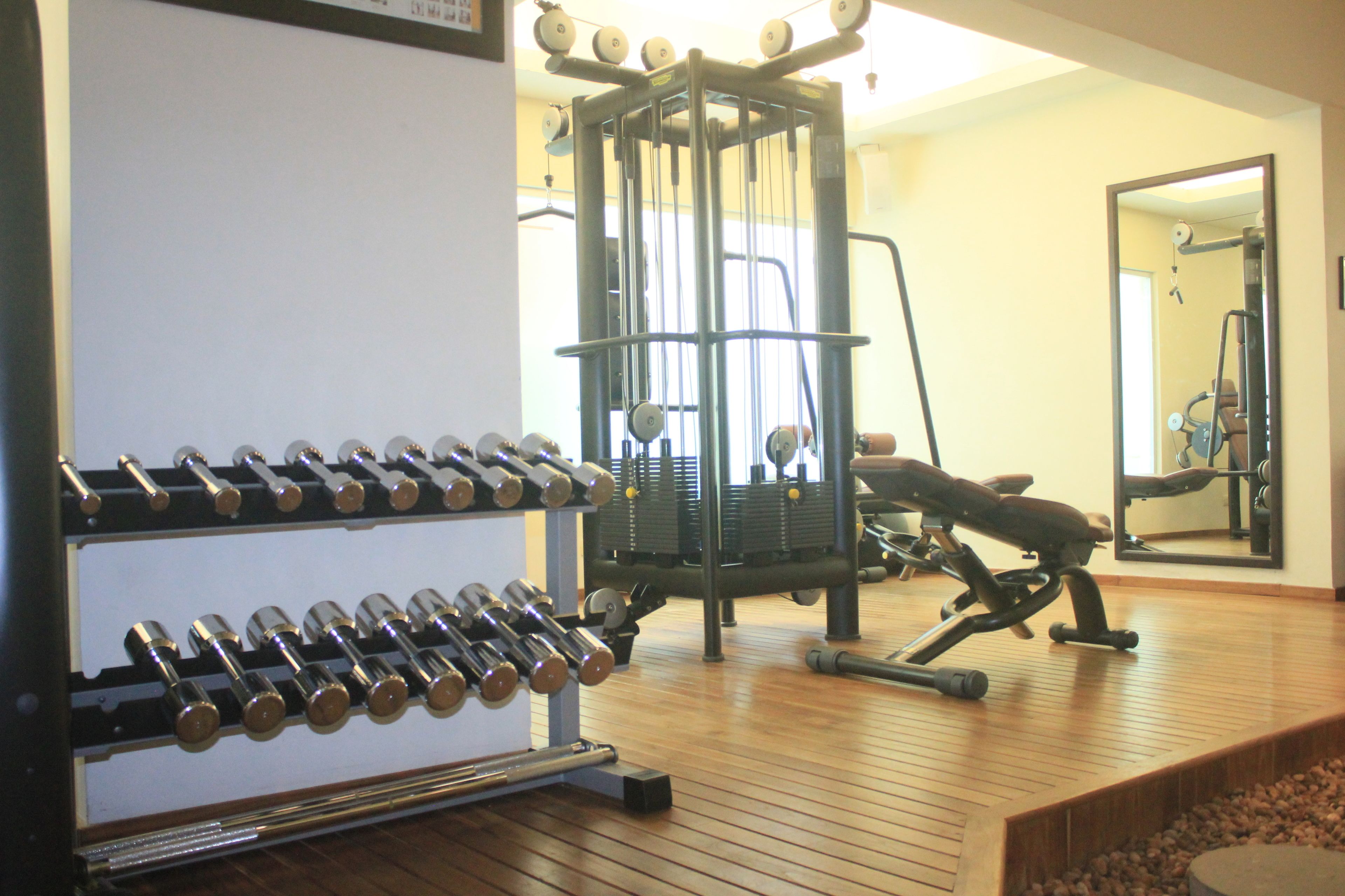 A gym with exercise equipment, including dumbbells and a cable machine.