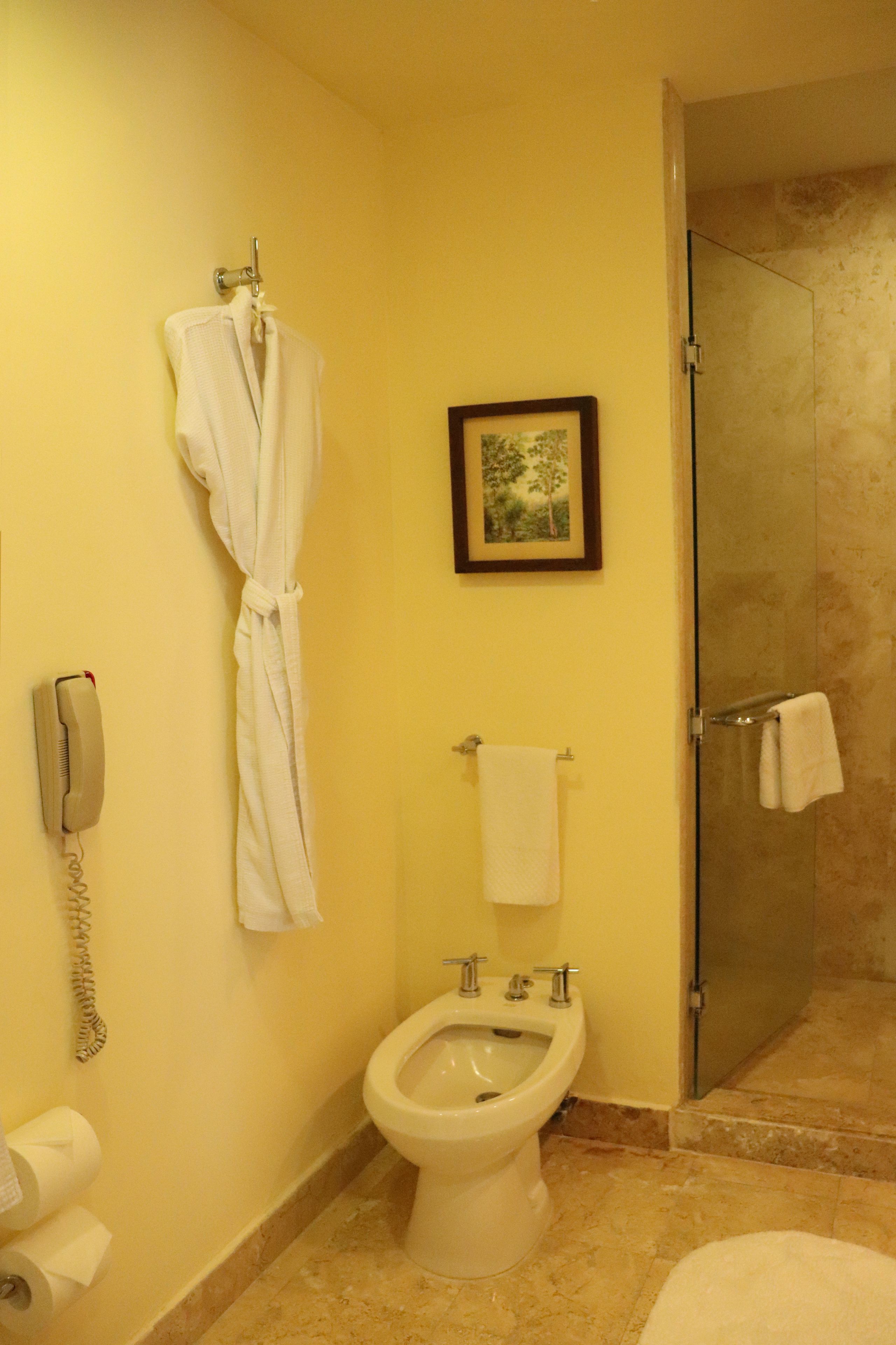 A bathroom with a bidet, a towel rack, a framed picture on the wall, and a telephone.