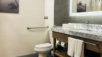 A modern bathroom with a toilet, a marble sink, and a large mirror.