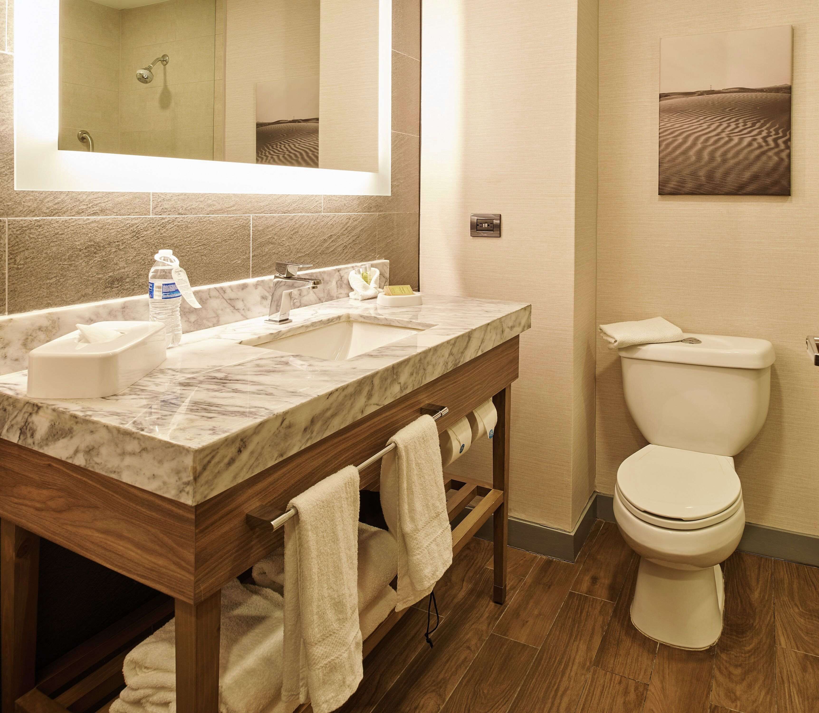 combined shower/bathtub, rainfall showerhead, free toiletries