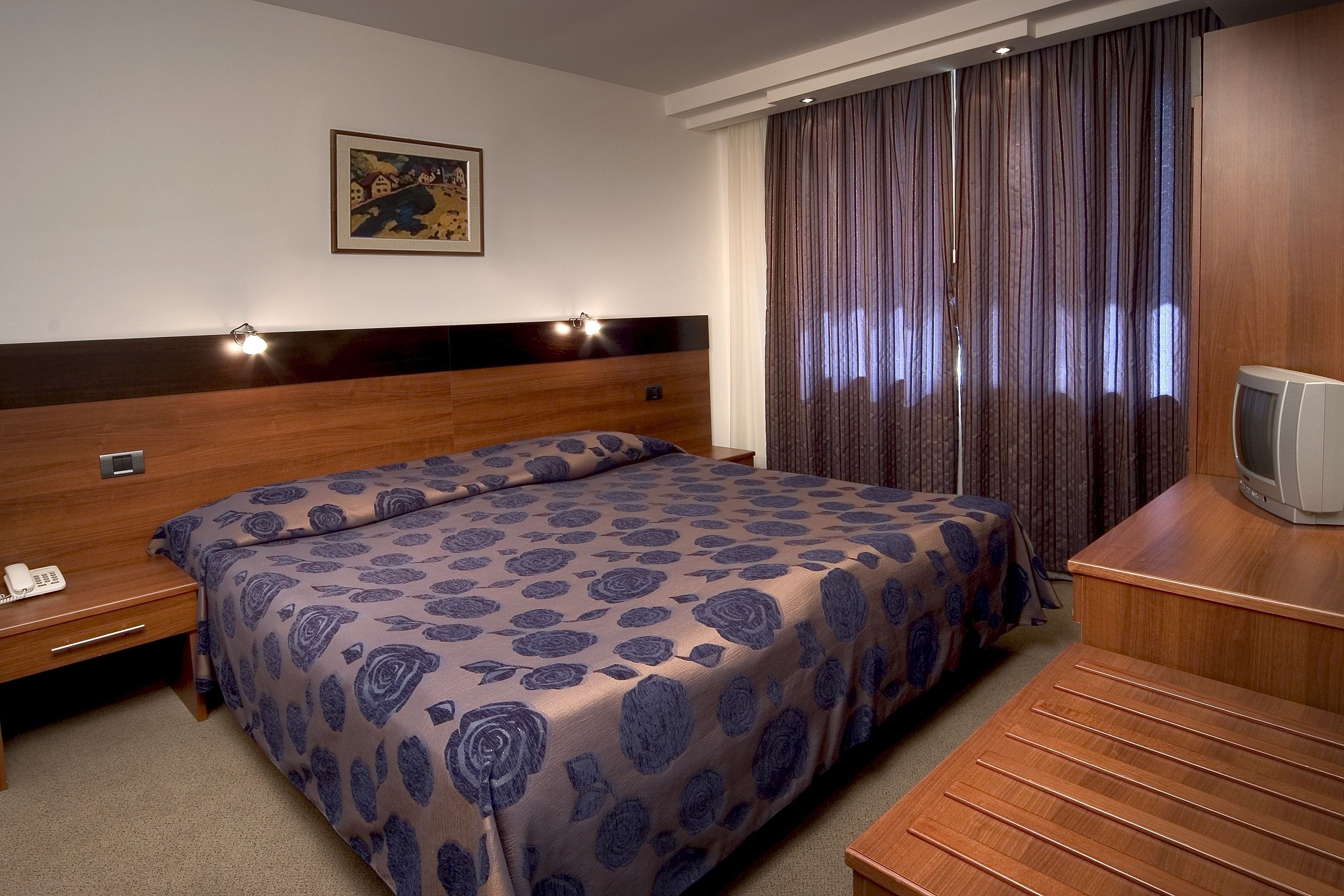 Una habitación de hotel con una cama grande, un cabecero de madera, una mesita de noche con una lámpara, un televisor y un cuadro en la pared.
