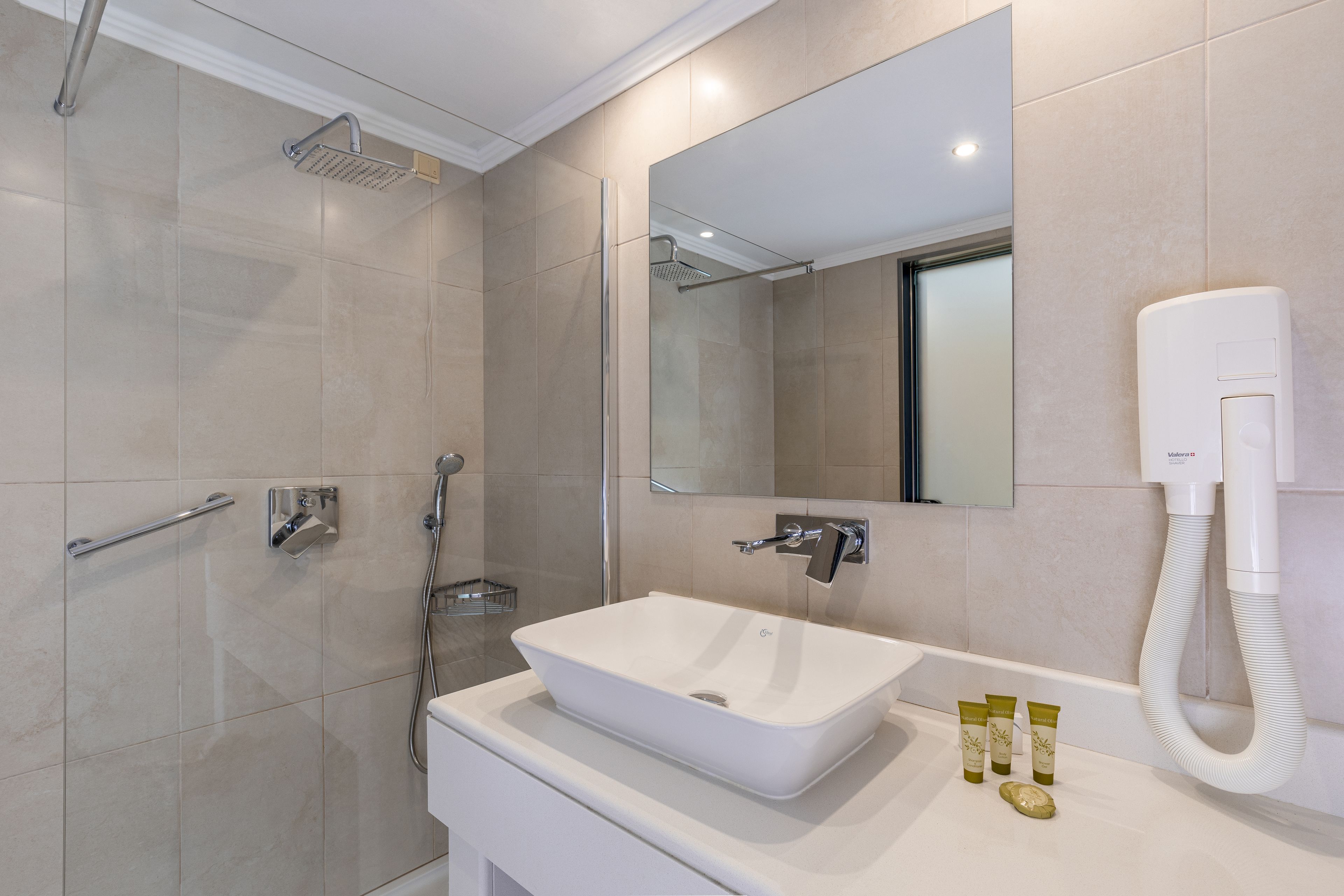 shower, rainfall showerhead, free toiletries, hair dryer