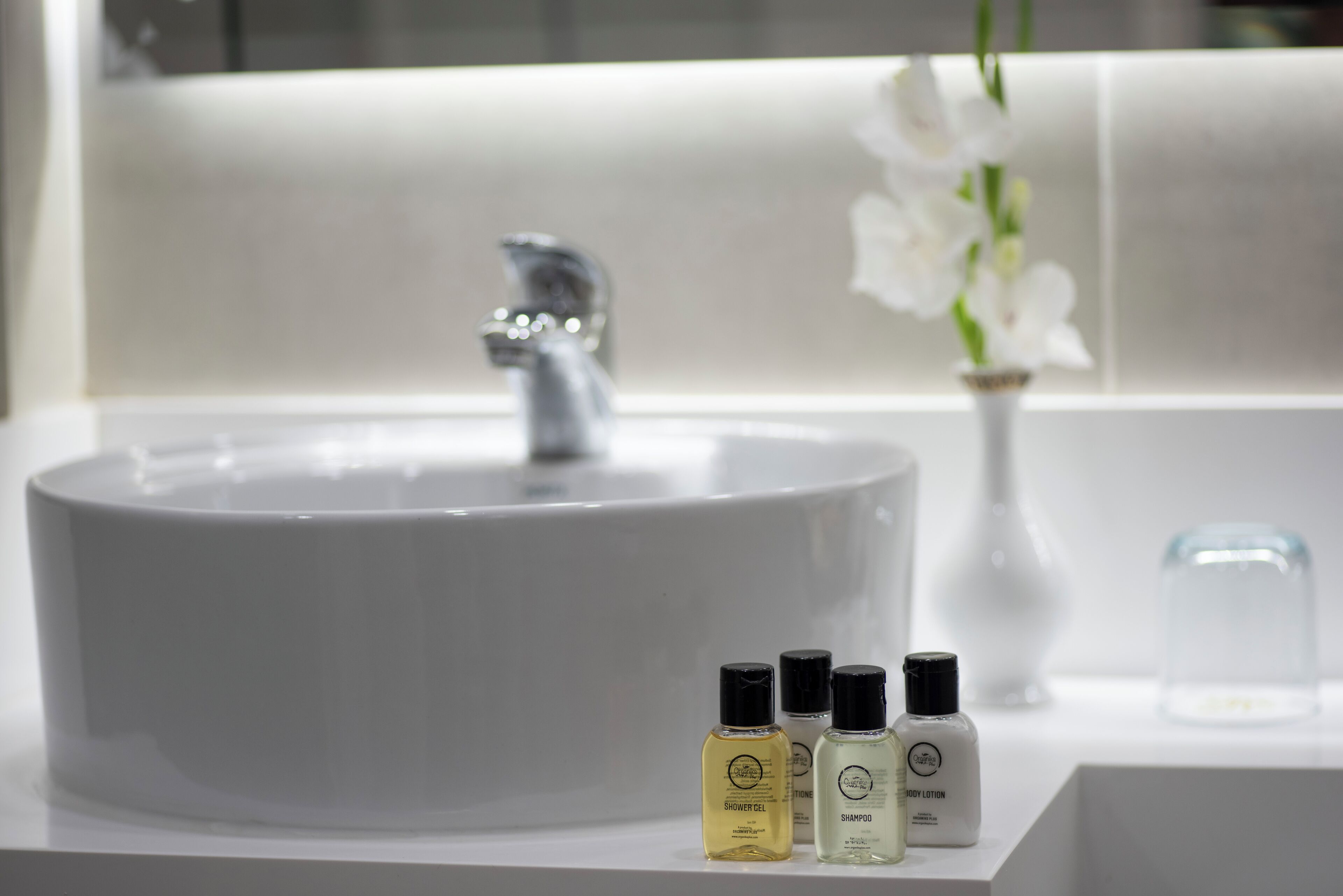 A bathroom with a large white sink, a mirror, and three bottles of toiletries.