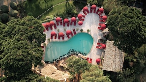 Outdoor pool, pool umbrellas, pool loungers