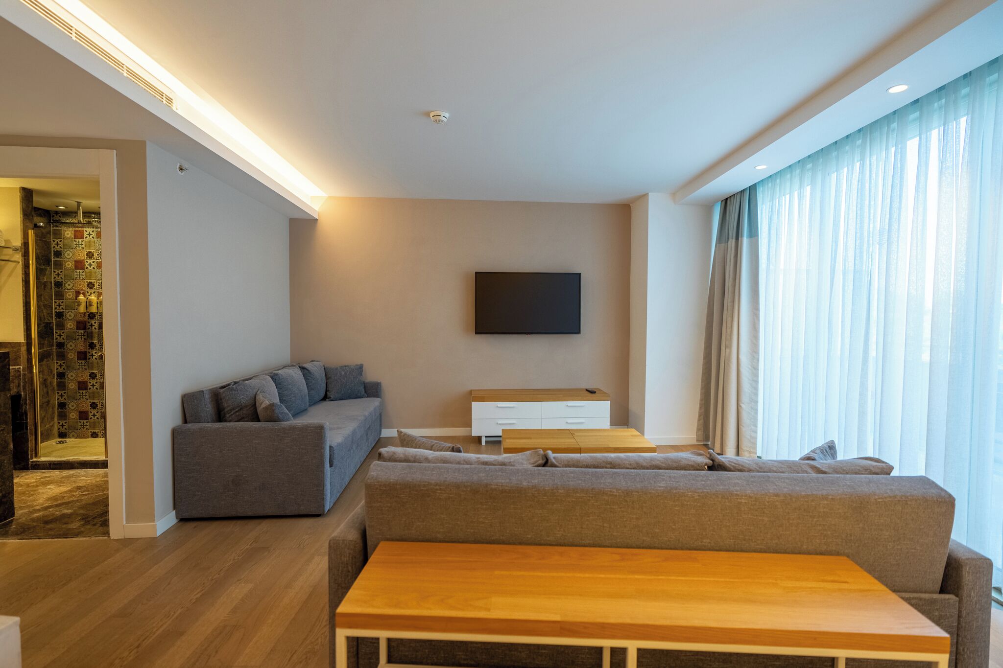 A modern living room with a grey sofa, wooden coffee table, and a flat-screen TV mounted on the wall.