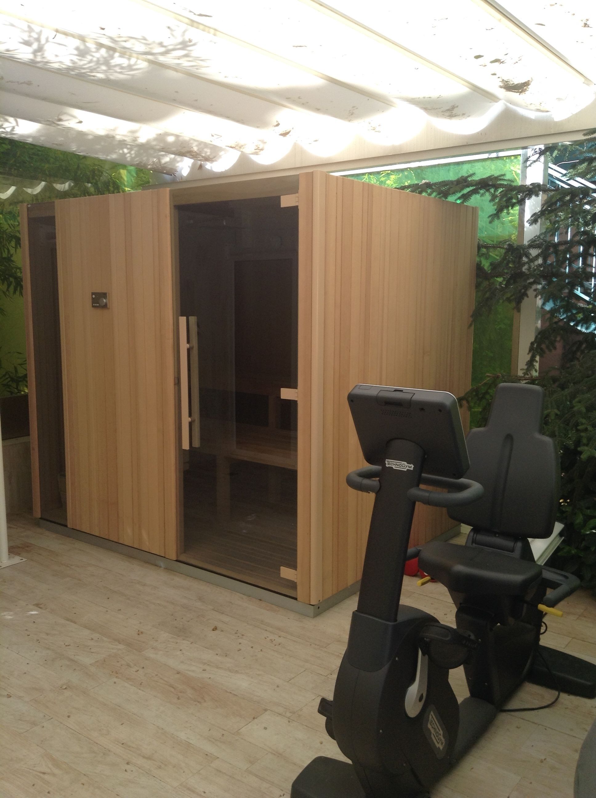 Ein Zimmer mit einer Holztür, die sich verschieben lässt, einem stehenden Ergometer und einer grünen Wand mit einer Pflanze.