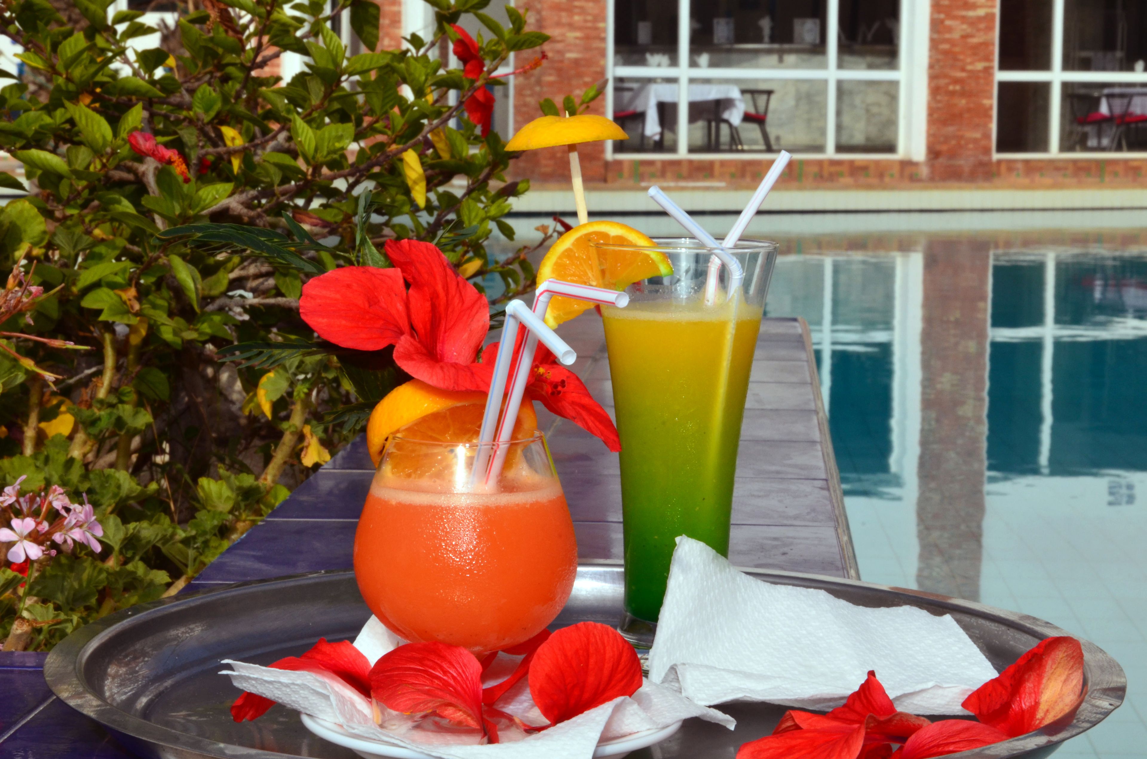 Une scène au bord de la piscine, avec deux boissons sur un plateau, l’une orange et l’autre verte, entourées de fleurs rouges et de verdure.